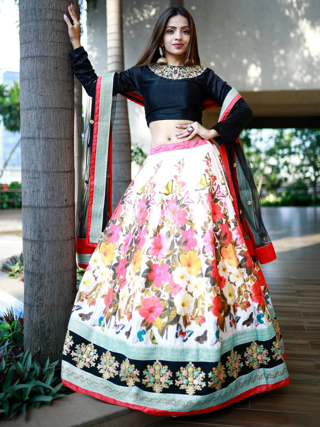 Stunning Multi Color Floral Printed Banglory Silk Bridal Lehenga Choli And Dupatta