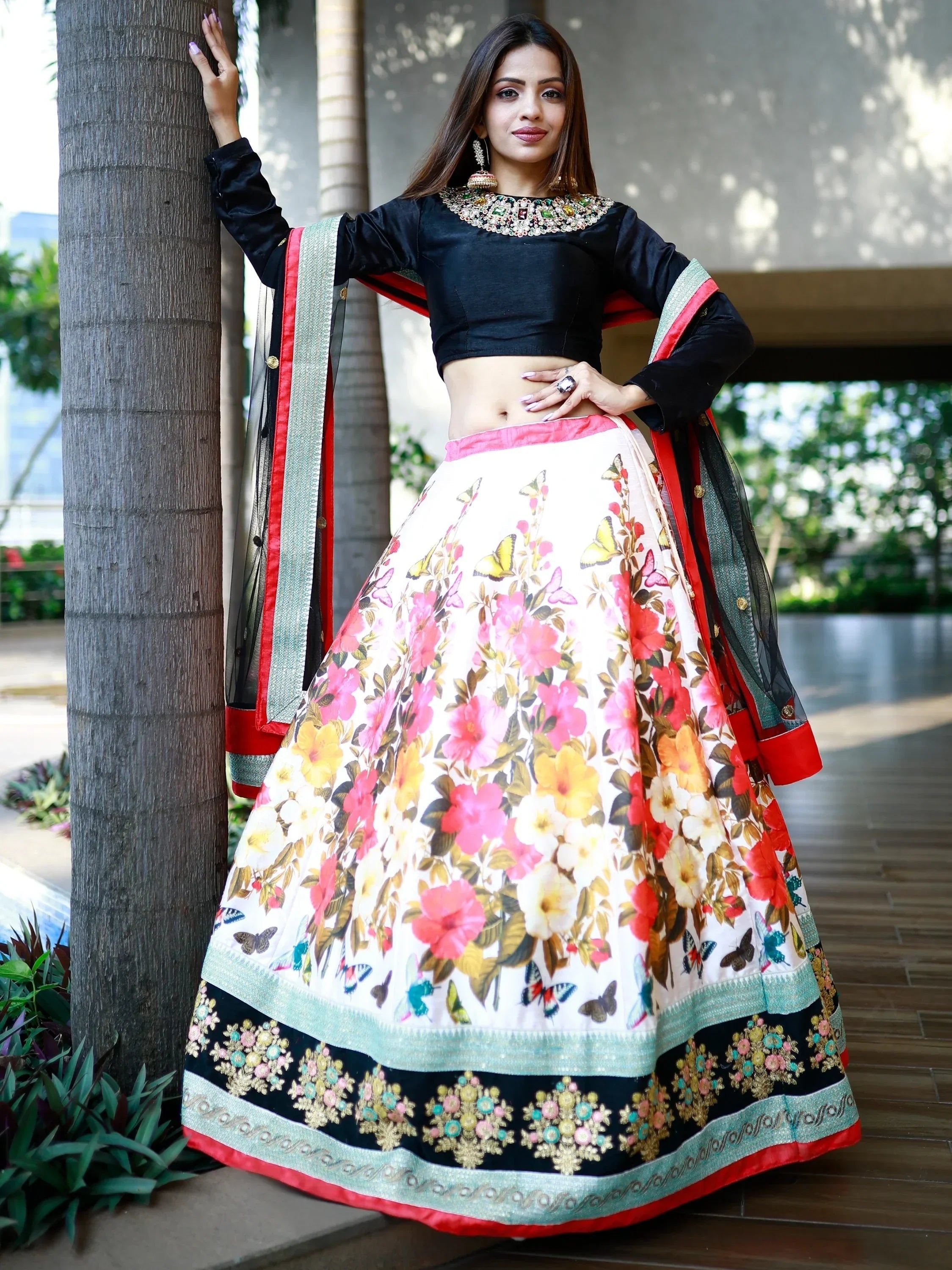 Stunning Multi Color Floral Printed Banglory Silk Bridal Lehenga Choli And Dupatta