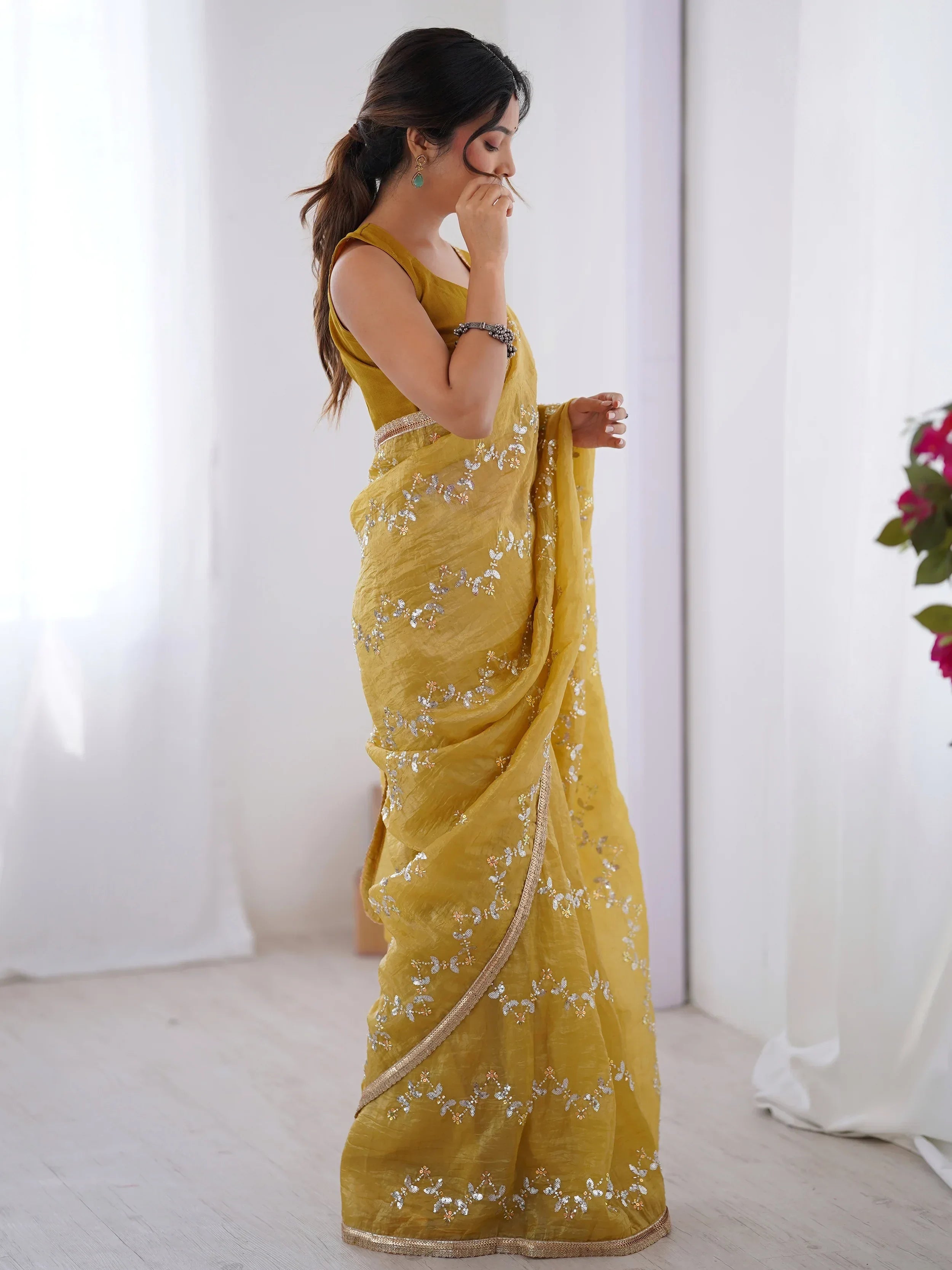Mustard Gorgeous Organza Beads Work Saree With Blouse
