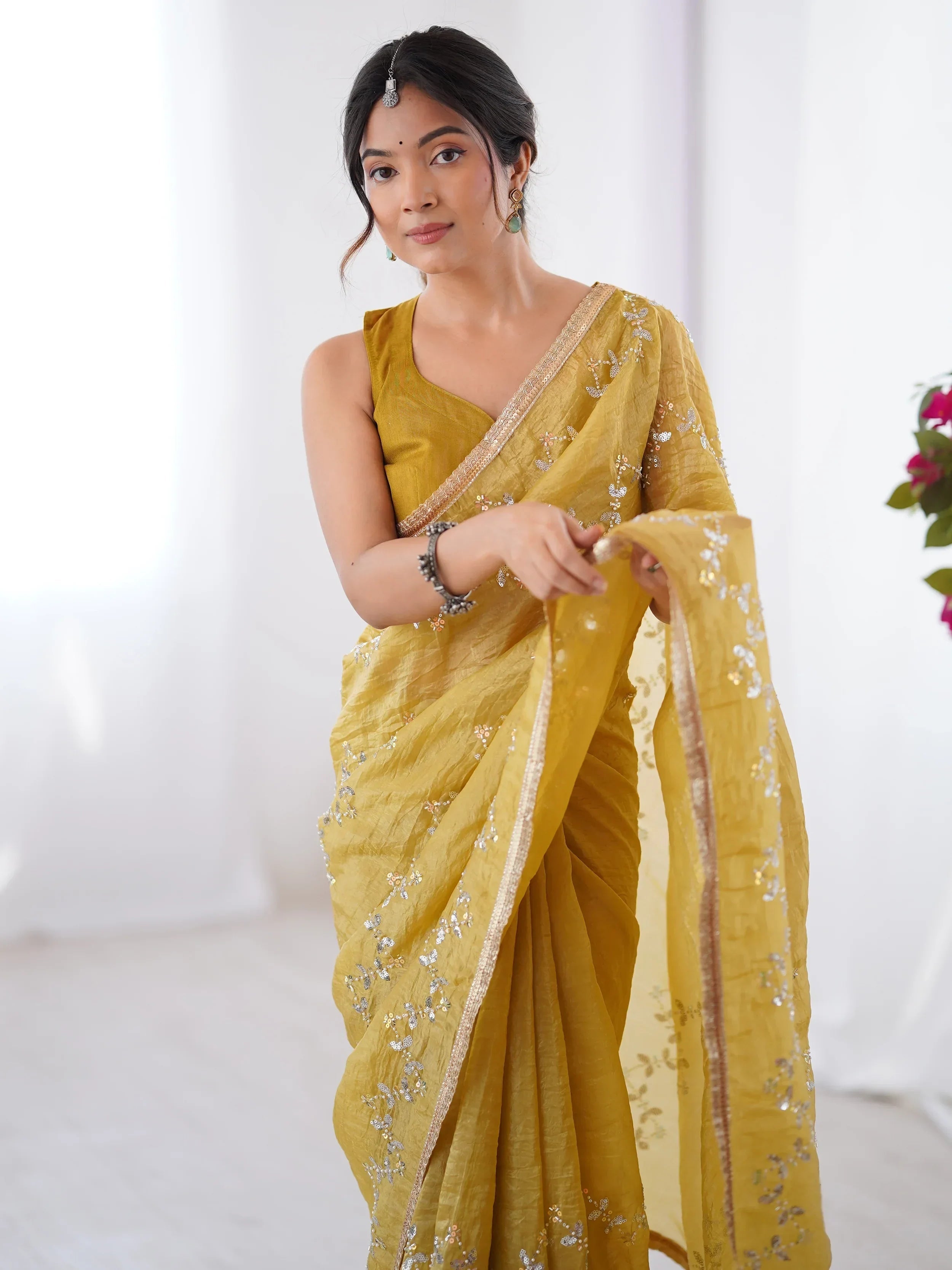 Mustard Gorgeous Organza Beads Work Saree With Blouse