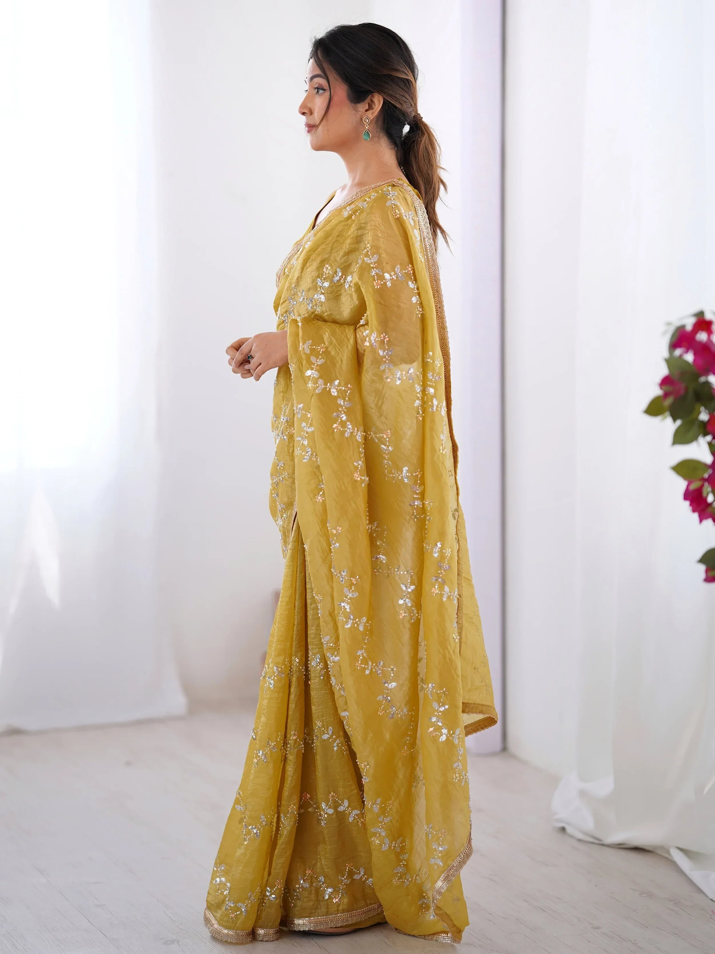 Mustard Gorgeous Organza Beads Work Saree With Blouse