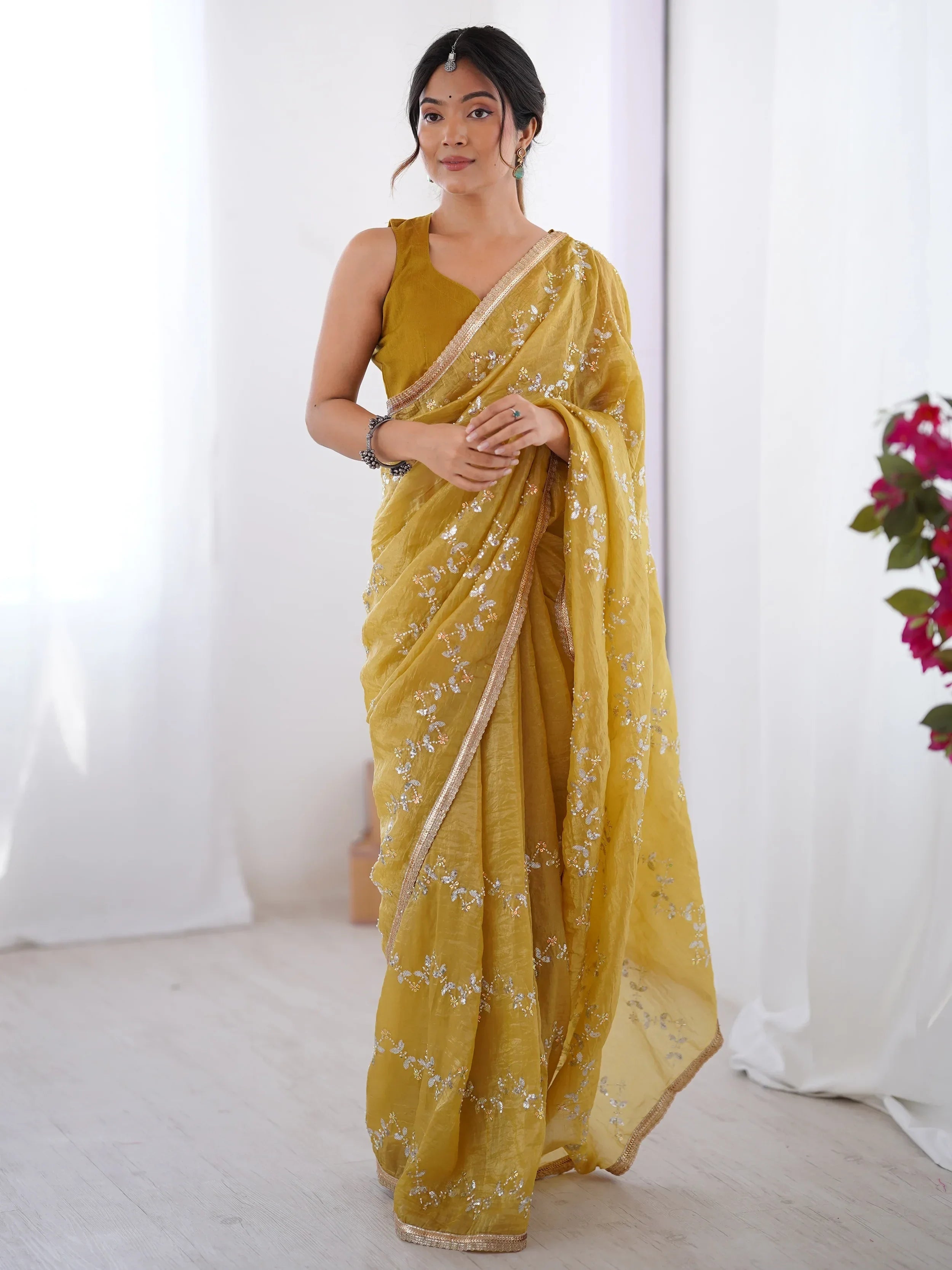 Mustard Gorgeous Organza Beads Work Saree With Blouse