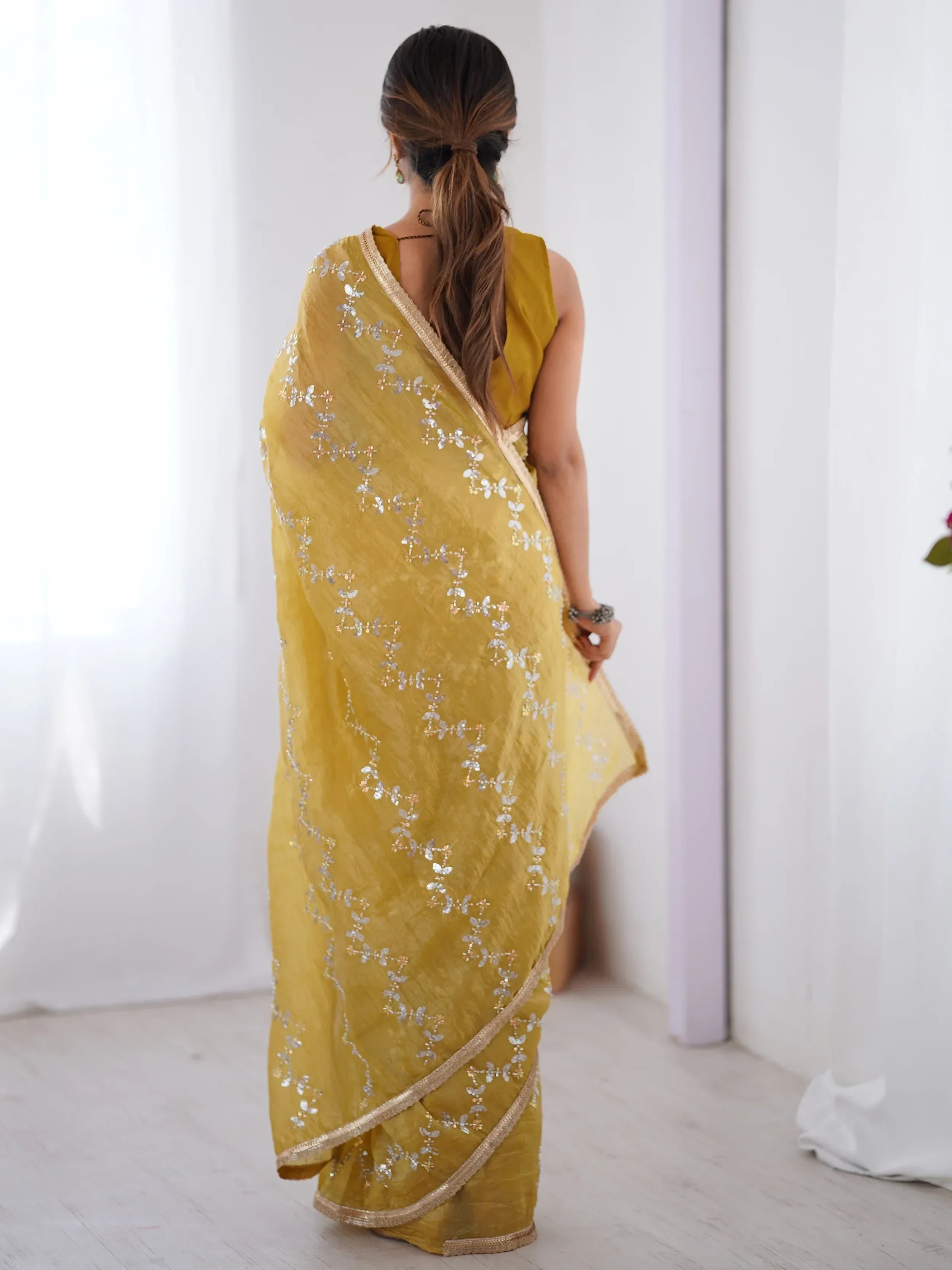 Mustard Gorgeous Organza Beads Work Saree With Blouse