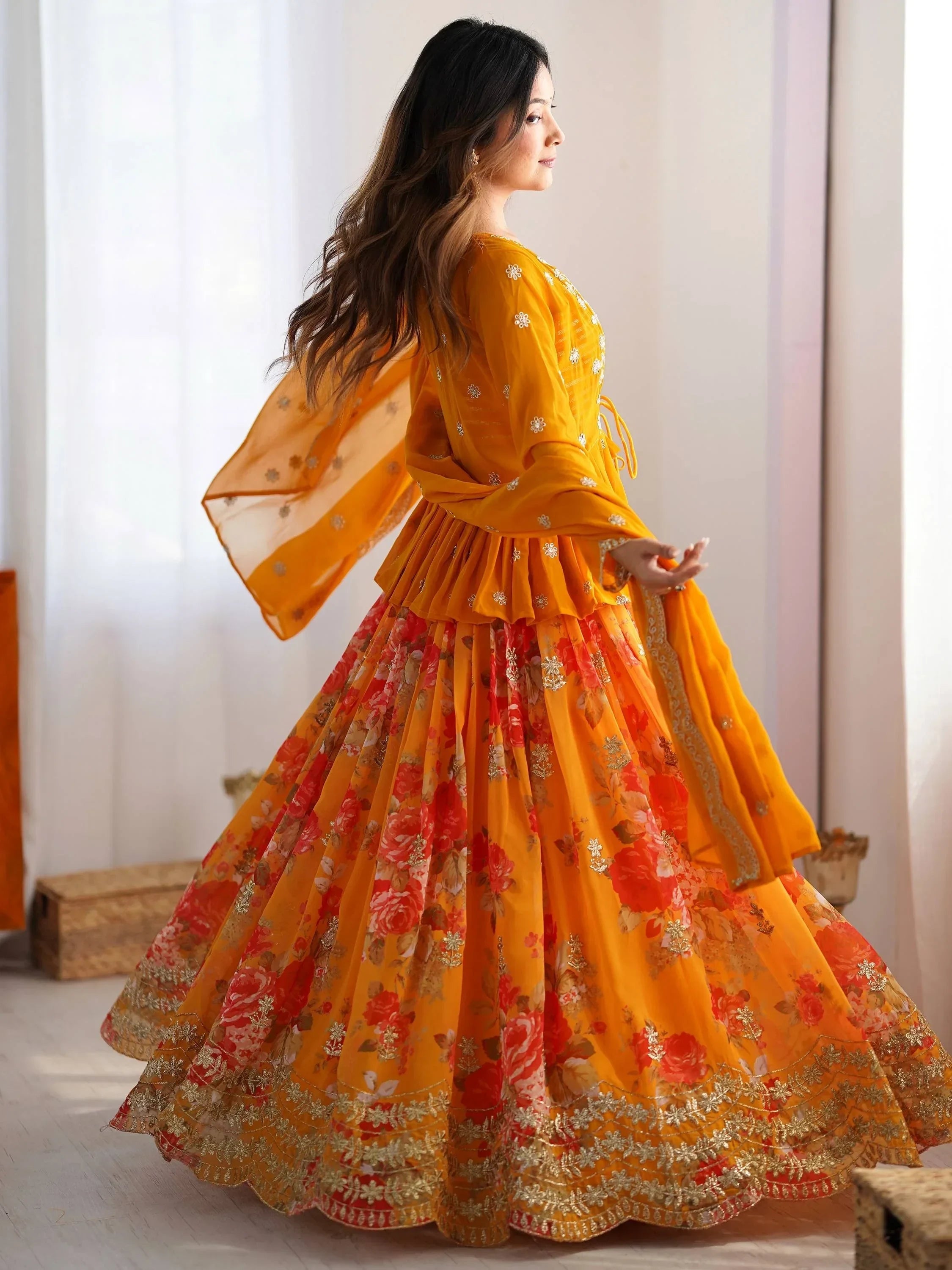 Mustard Stunning Printed Georgette Crop Top Lehenga With Jacket