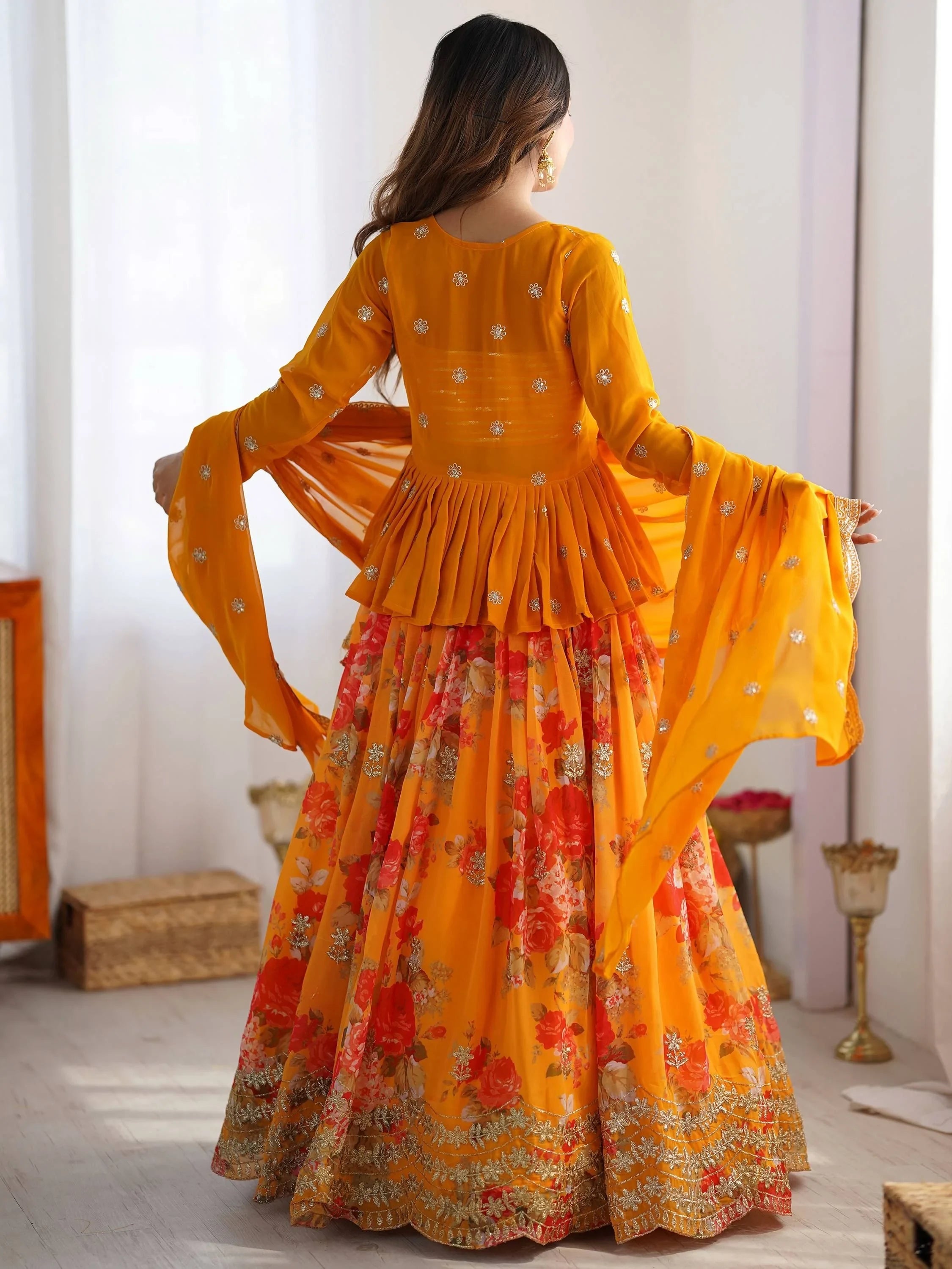 Mustard Stunning Printed Georgette Crop Top Lehenga With Jacket