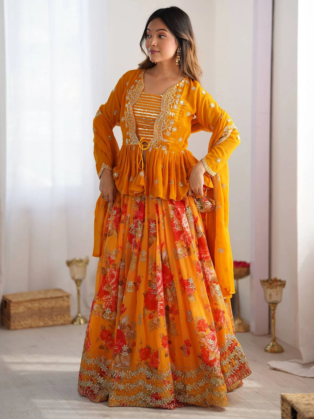 Mustard Stunning Printed Georgette Crop Top Lehenga With Jacket