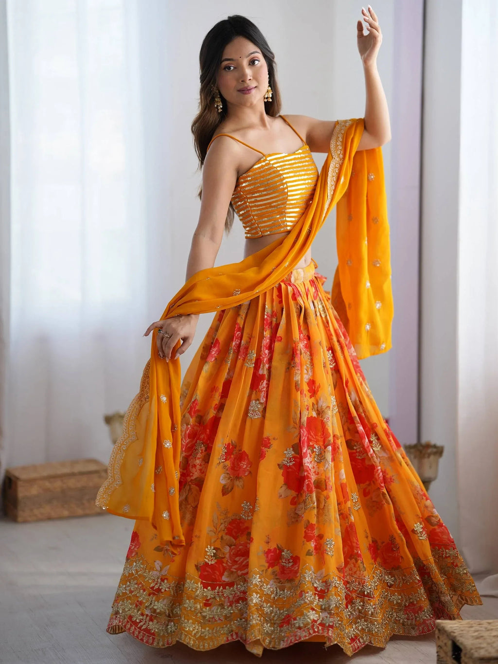 Mustard Stunning Printed Georgette Crop Top Lehenga With Jacket