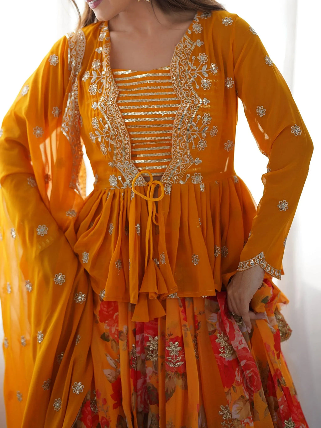 Mustard Stunning Printed Georgette Crop Top Lehenga With Jacket