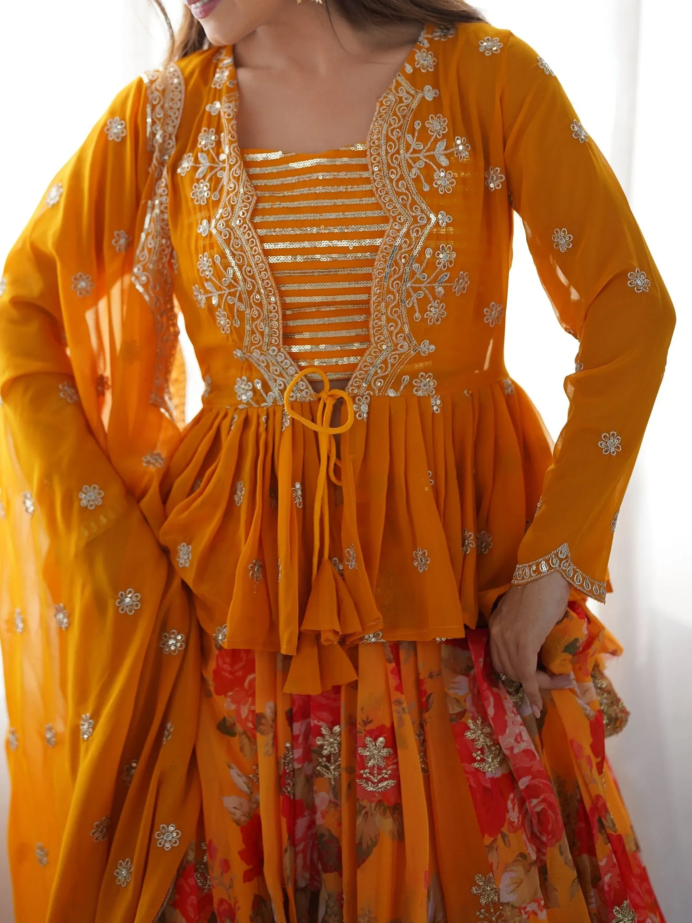 Mustard Stunning Printed Georgette Crop Top Lehenga With Jacket