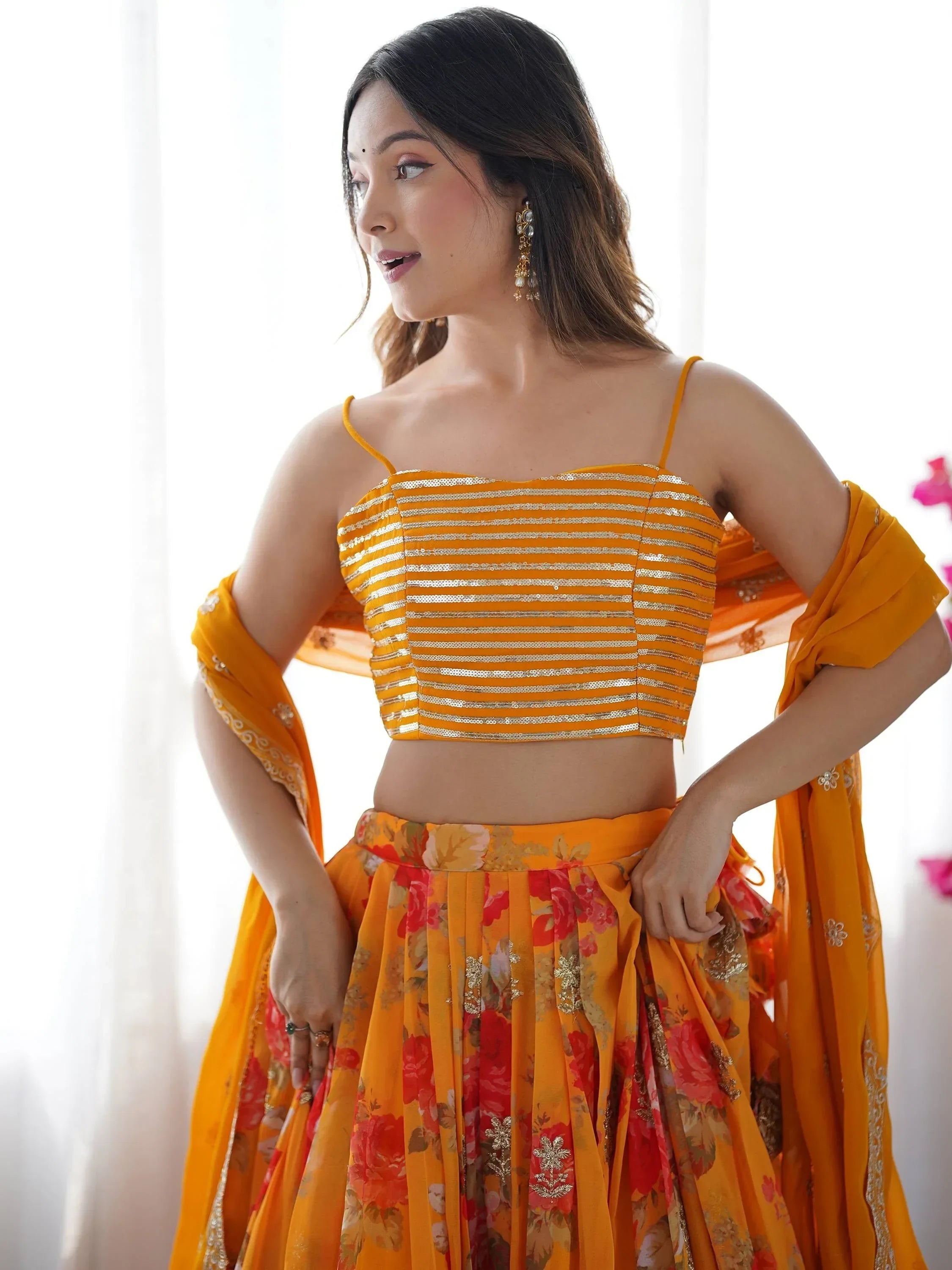 Mustard Stunning Printed Georgette Crop Top Lehenga With Jacket