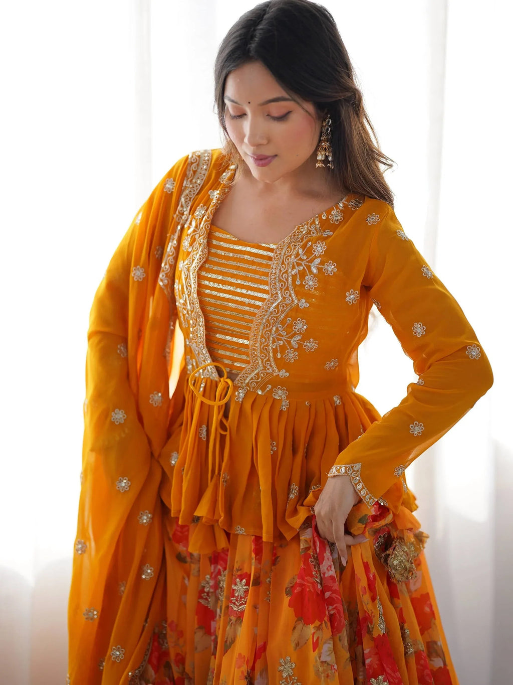 Mustard Stunning Printed Georgette Crop Top Lehenga With Jacket