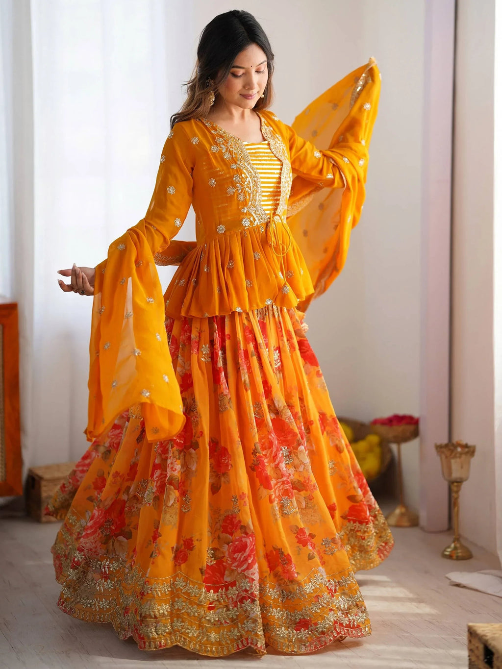 Mustard Stunning Printed Georgette Crop Top Lehenga With Jacket
