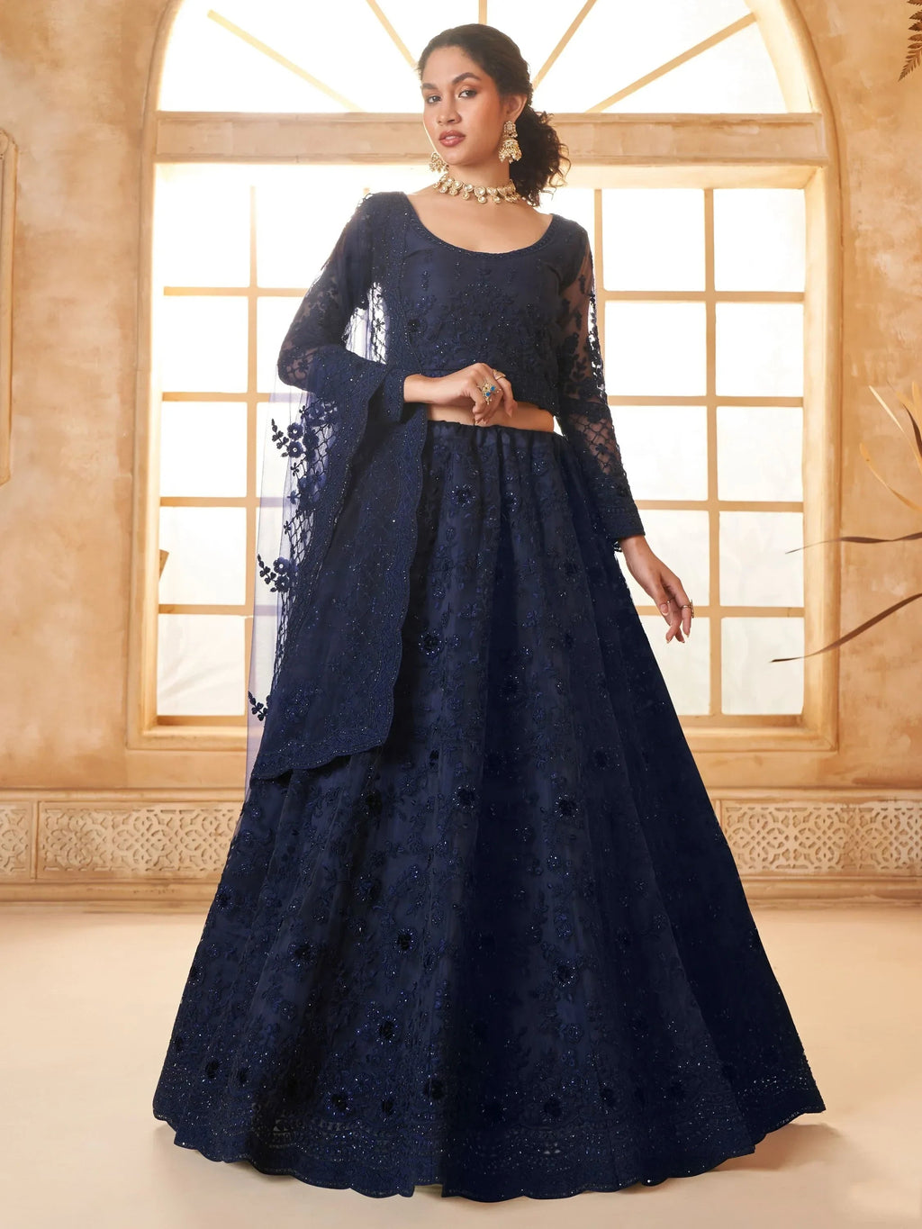 Stunning Navy Blue Embroidered Net Lehenga Choli With Dupatta