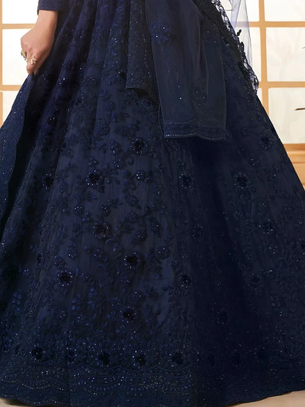 Stunning Navy Blue Embroidered Net Lehenga Choli With Dupatta