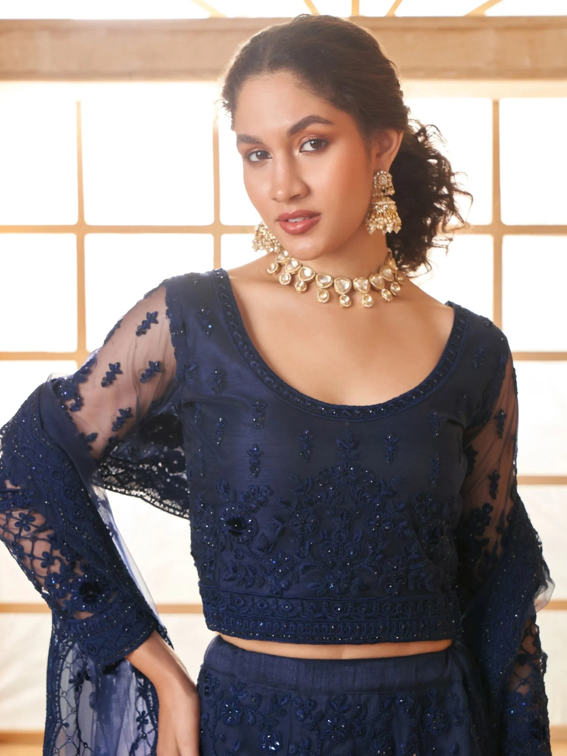 Stunning Navy Blue Embroidered Net Lehenga Choli With Dupatta