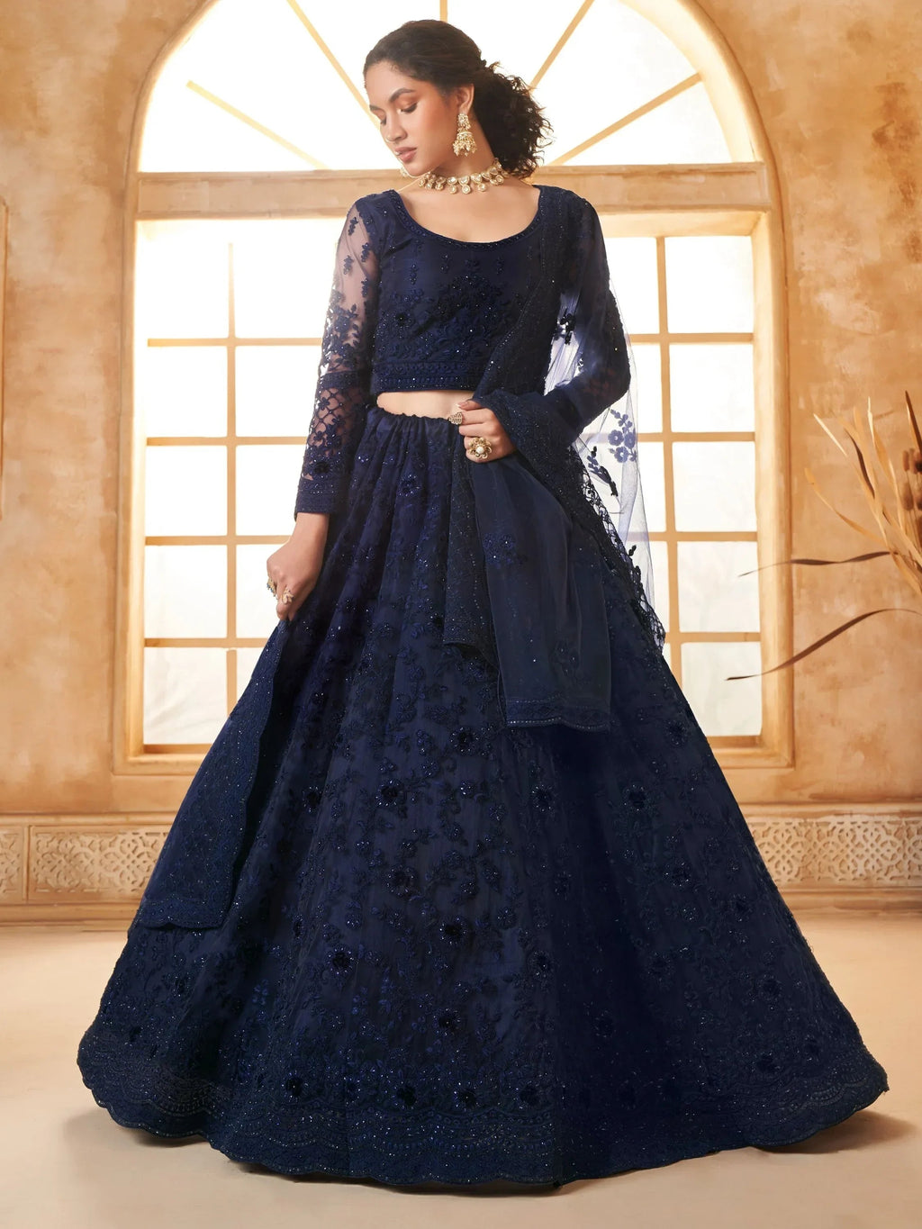 Stunning Navy Blue Embroidered Net Lehenga Choli With Dupatta