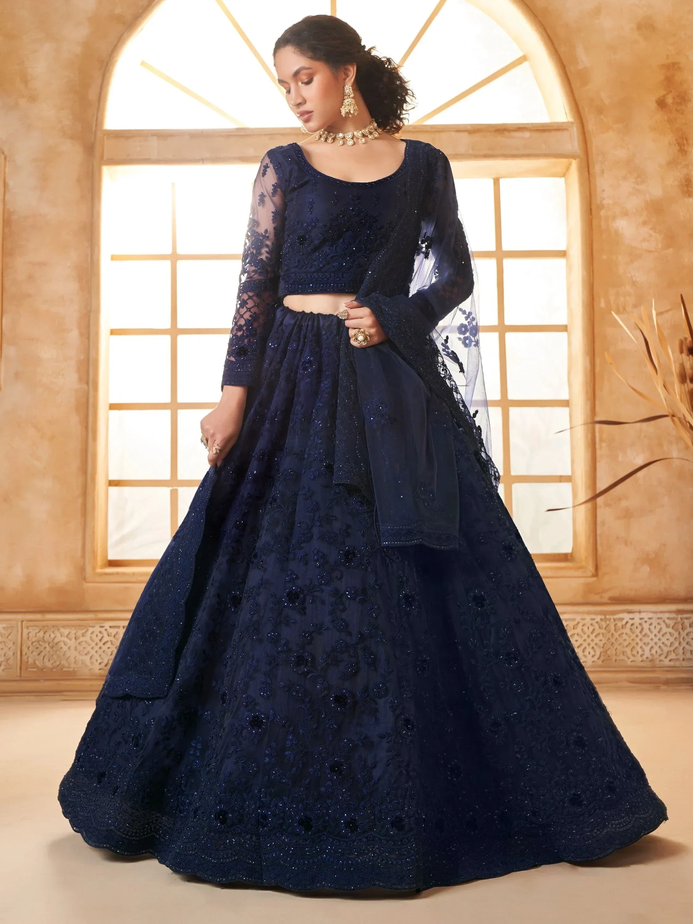 Stunning Navy Blue Embroidered Net Lehenga Choli With Dupatta