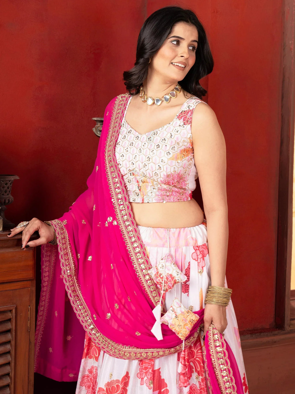 Stunning Off-White Floral Printed Lehenga Choli With Georgette Dupatta