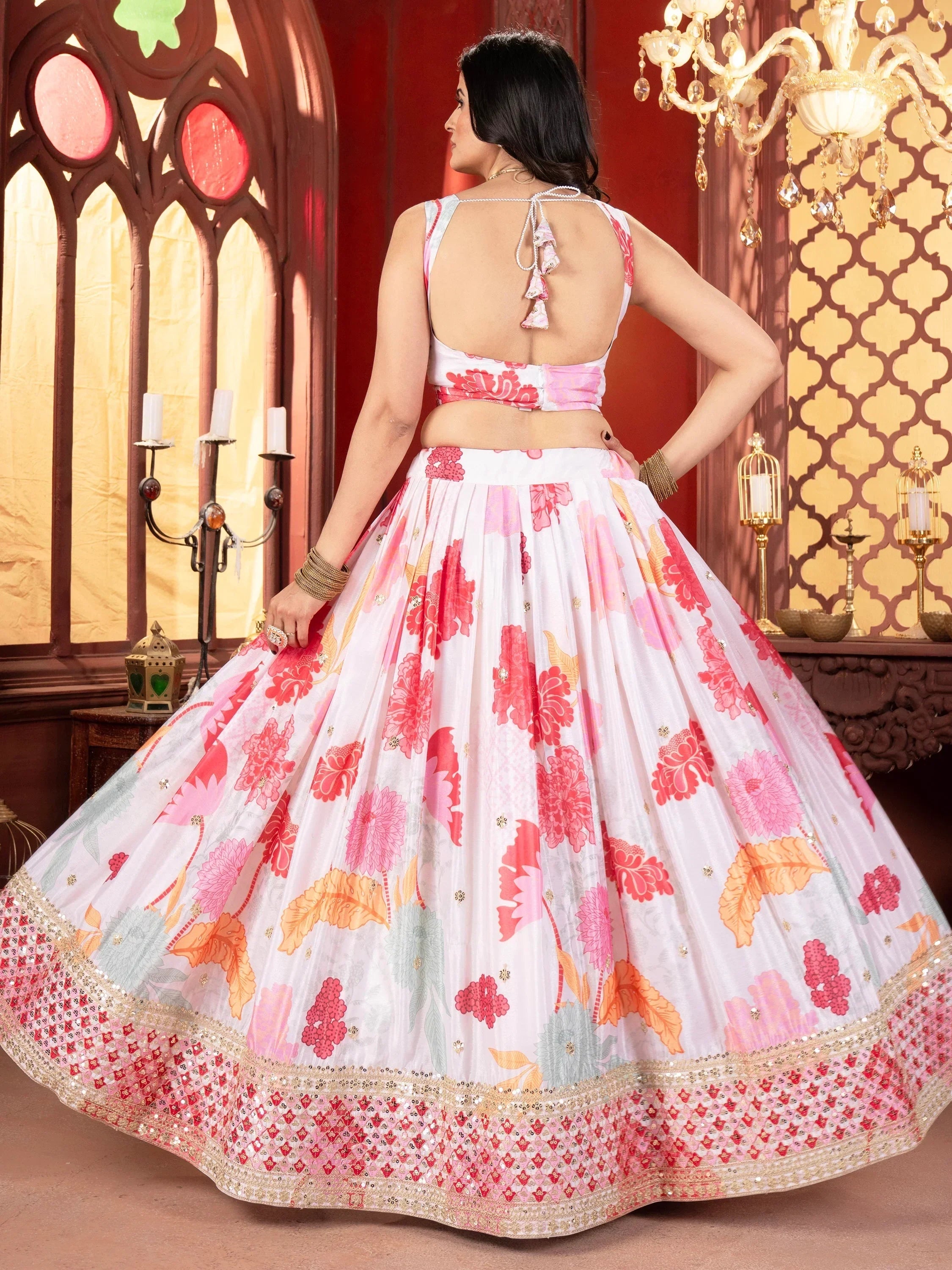 Stunning Off-White Floral Printed Lehenga Choli With Georgette Dupatta