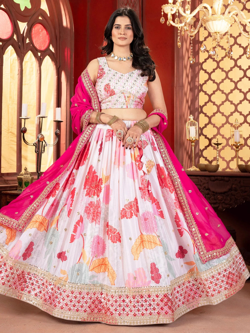 Stunning Off-White Floral Printed Lehenga Choli With Georgette Dupatta