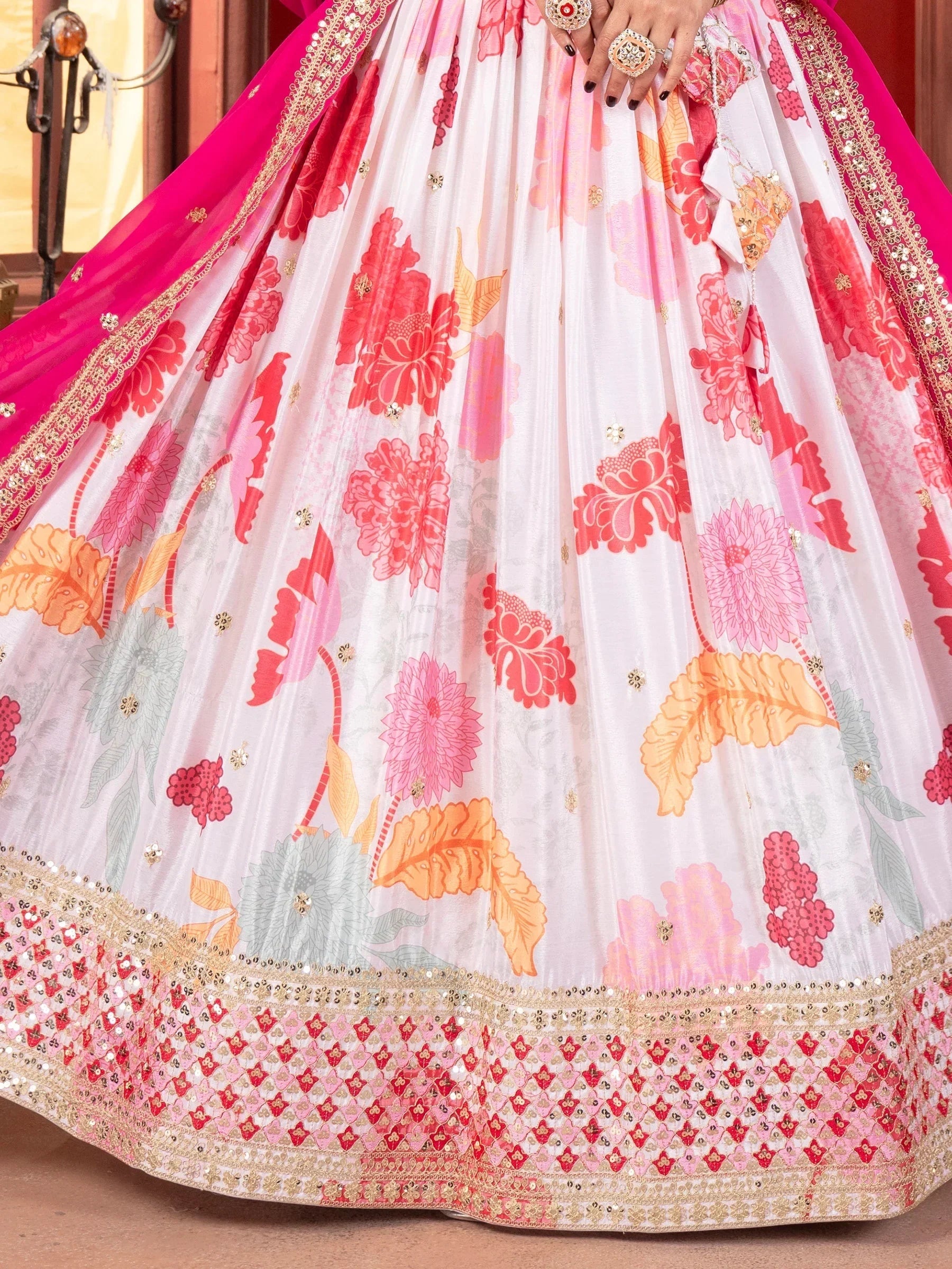 Stunning Off-White Floral Printed Lehenga Choli With Georgette Dupatta
