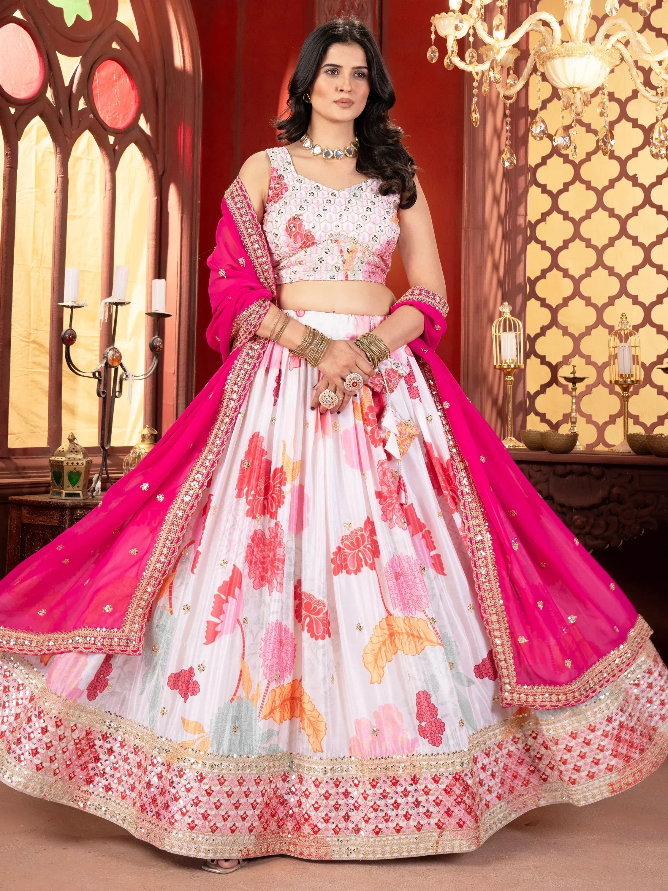 Stunning Off-White Floral Printed Lehenga Choli With Georgette Dupatta