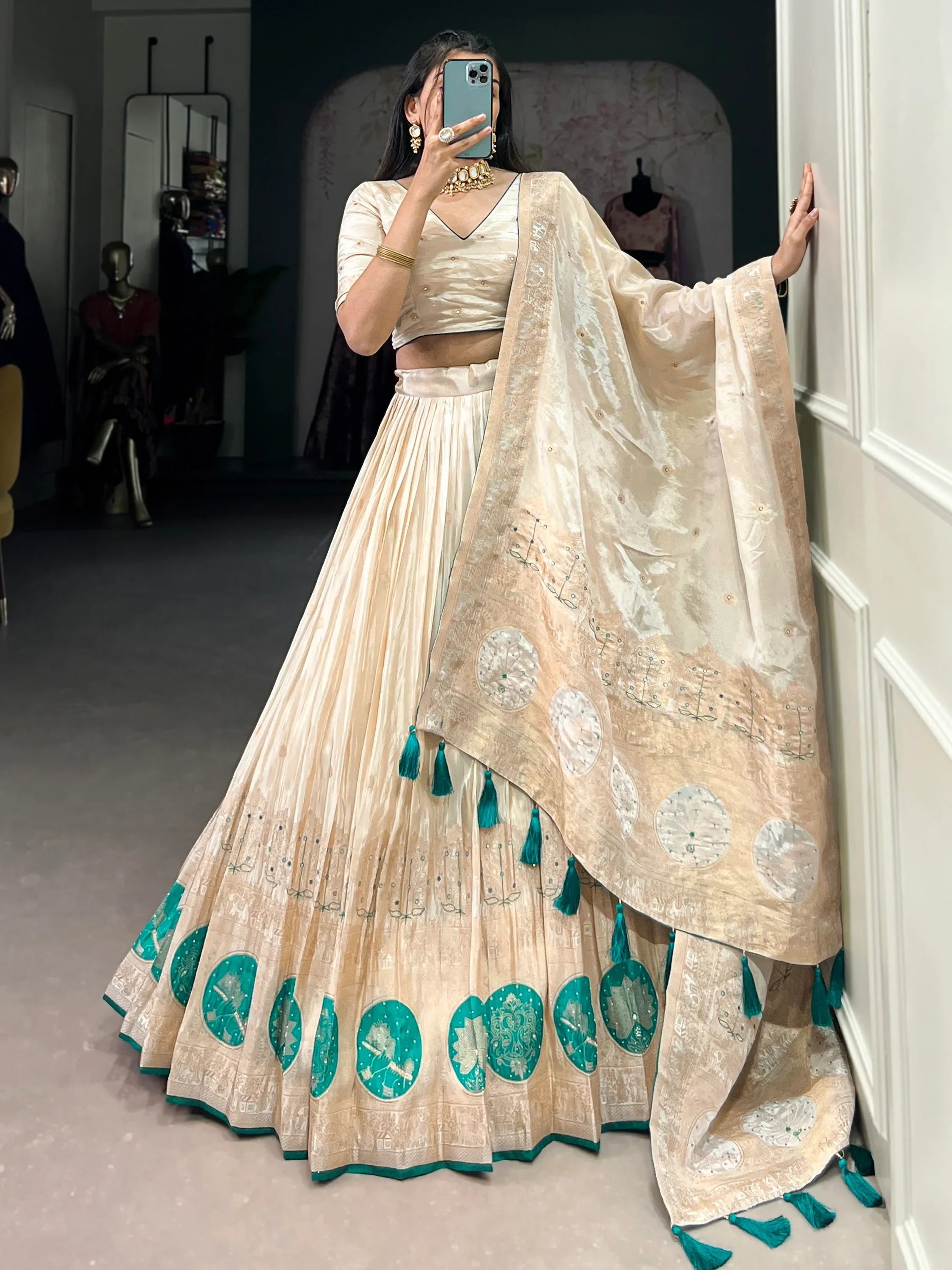 Stunning Off-White Weaving Silk Festival Wear Lehenga Choli