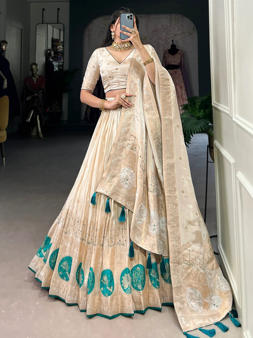 Stunning Off-White Weaving Silk Festival Wear Lehenga Choli
