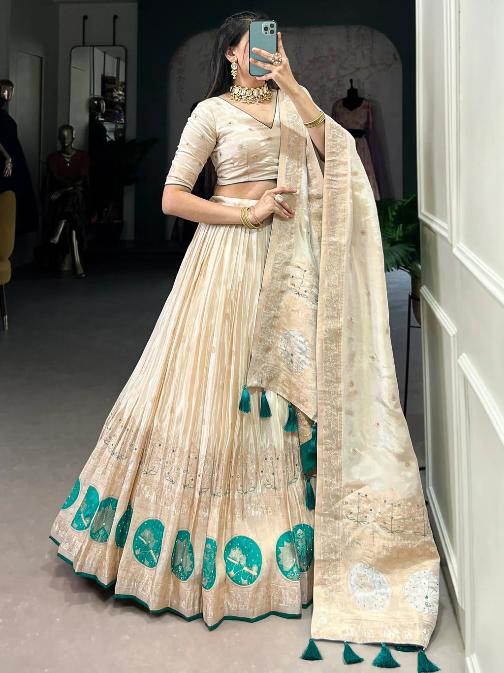 Stunning Off-White Weaving Silk Festival Wear Lehenga Choli