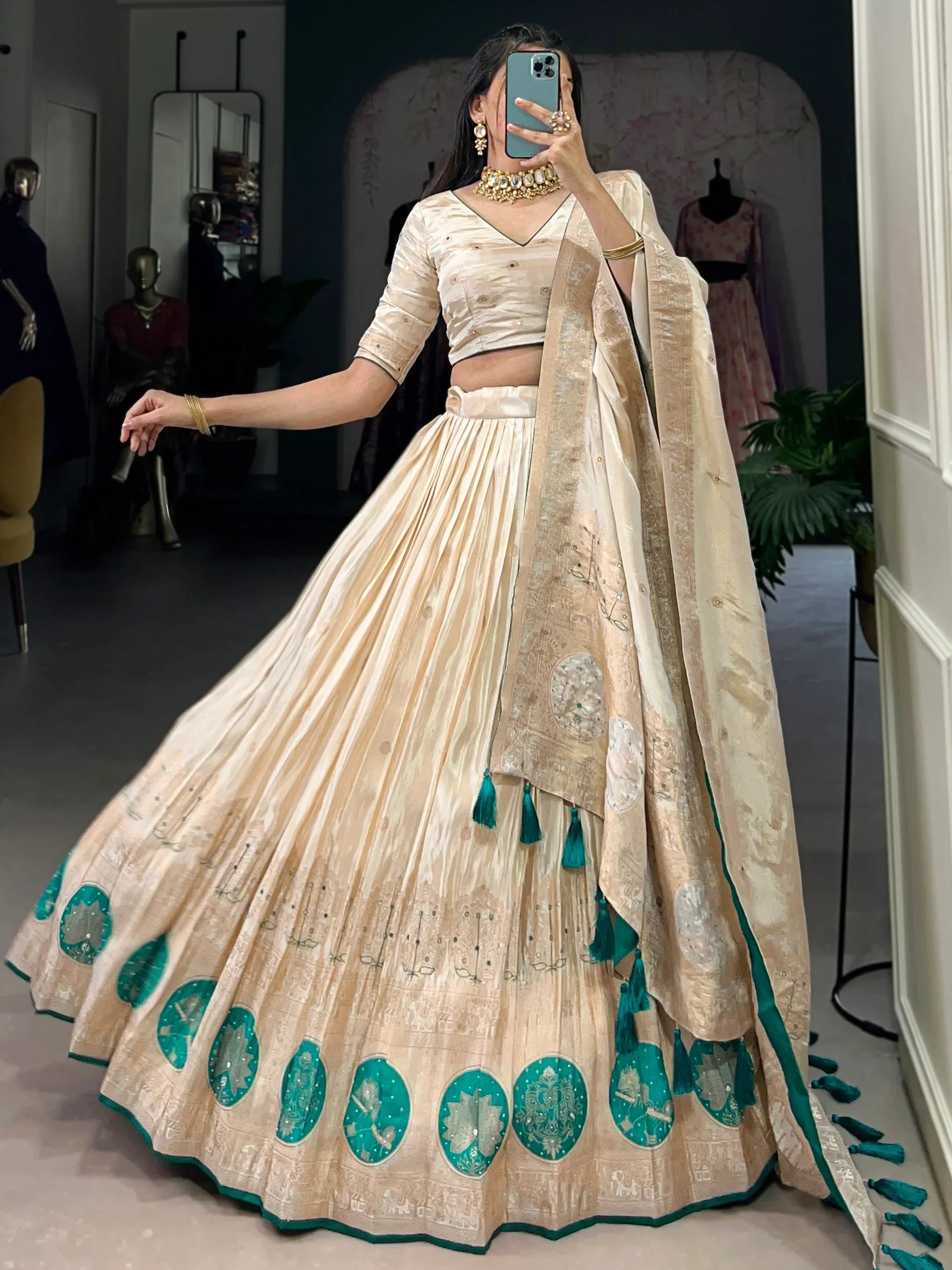 Stunning Off-White Weaving Silk Festival Wear Lehenga Choli