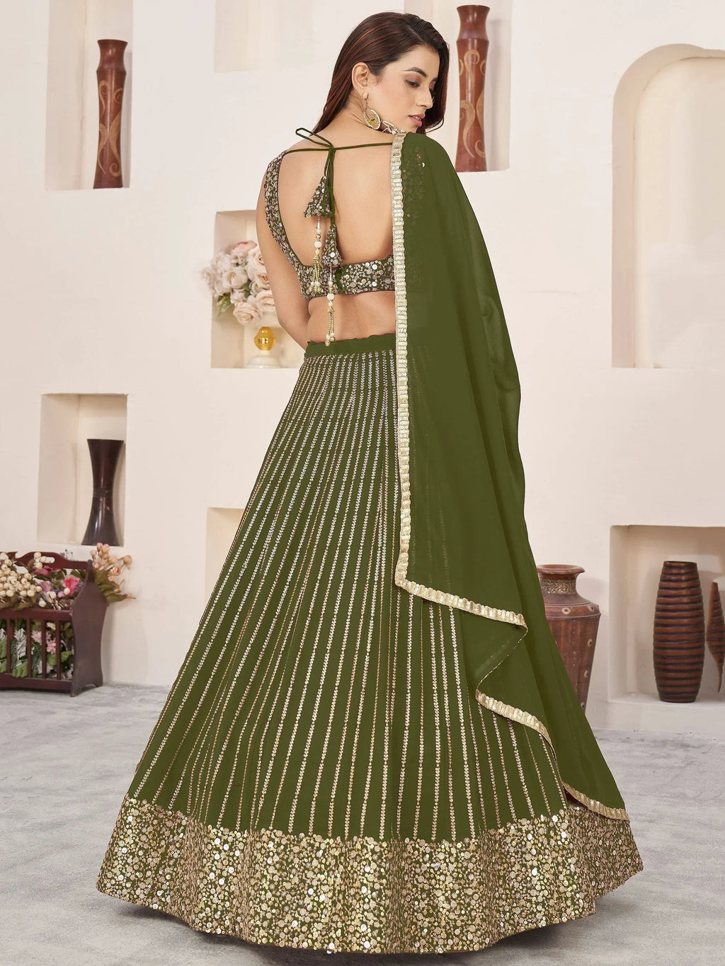 Stunning Olive Color Sequins Georgette Function Wear Lehenga Choli