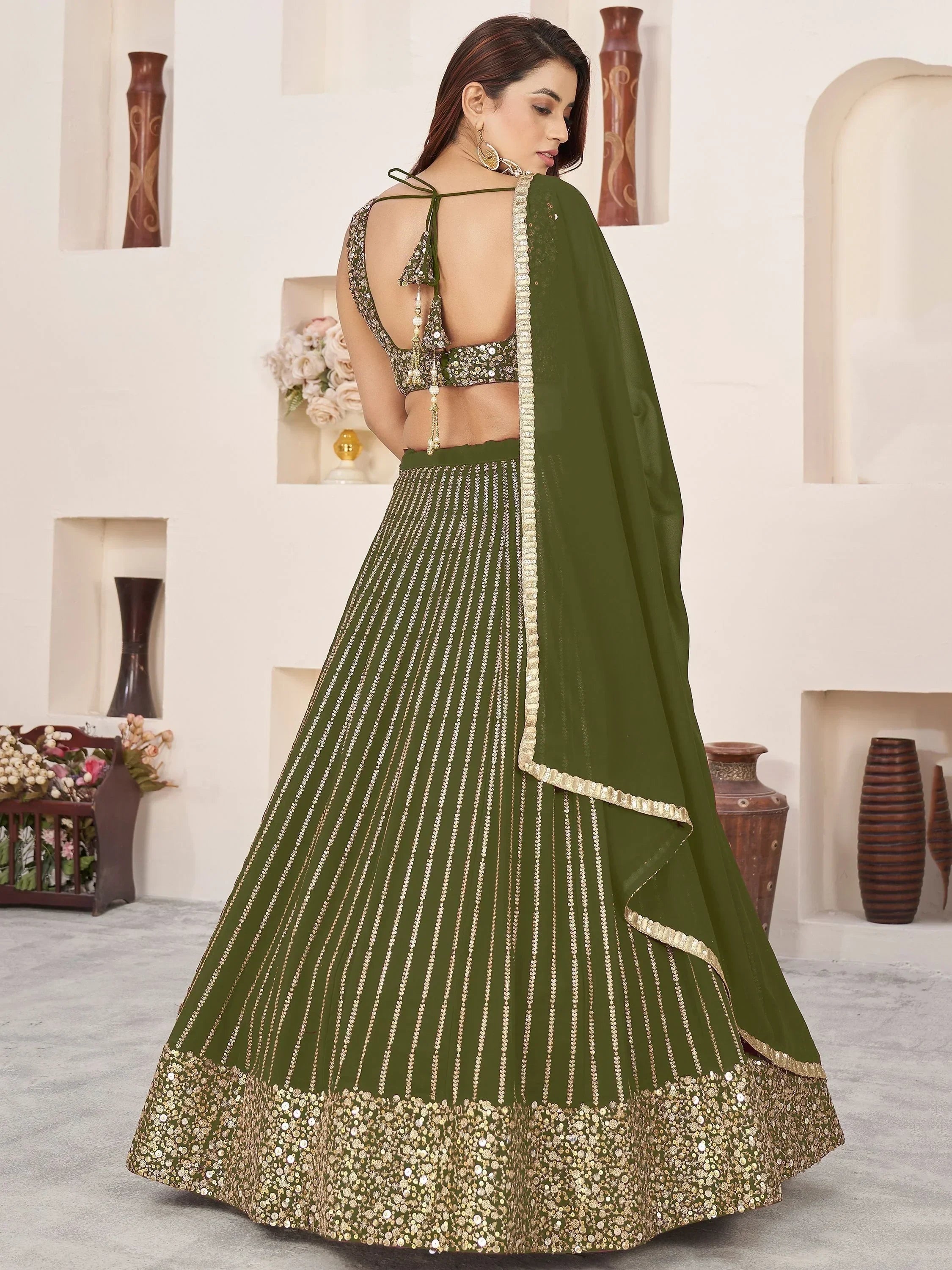 Stunning Olive Color Sequins Georgette Function Wear Lehenga Choli