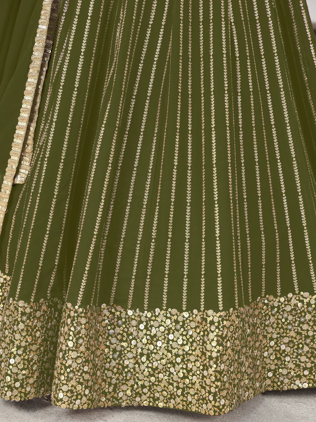 Stunning Olive Color Sequins Georgette Function Wear Lehenga Choli