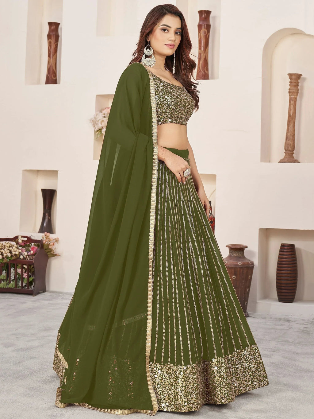 Stunning Olive Color Sequins Georgette Function Wear Lehenga Choli