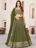 Stunning Olive Color Sequins Georgette Function Wear Lehenga Choli