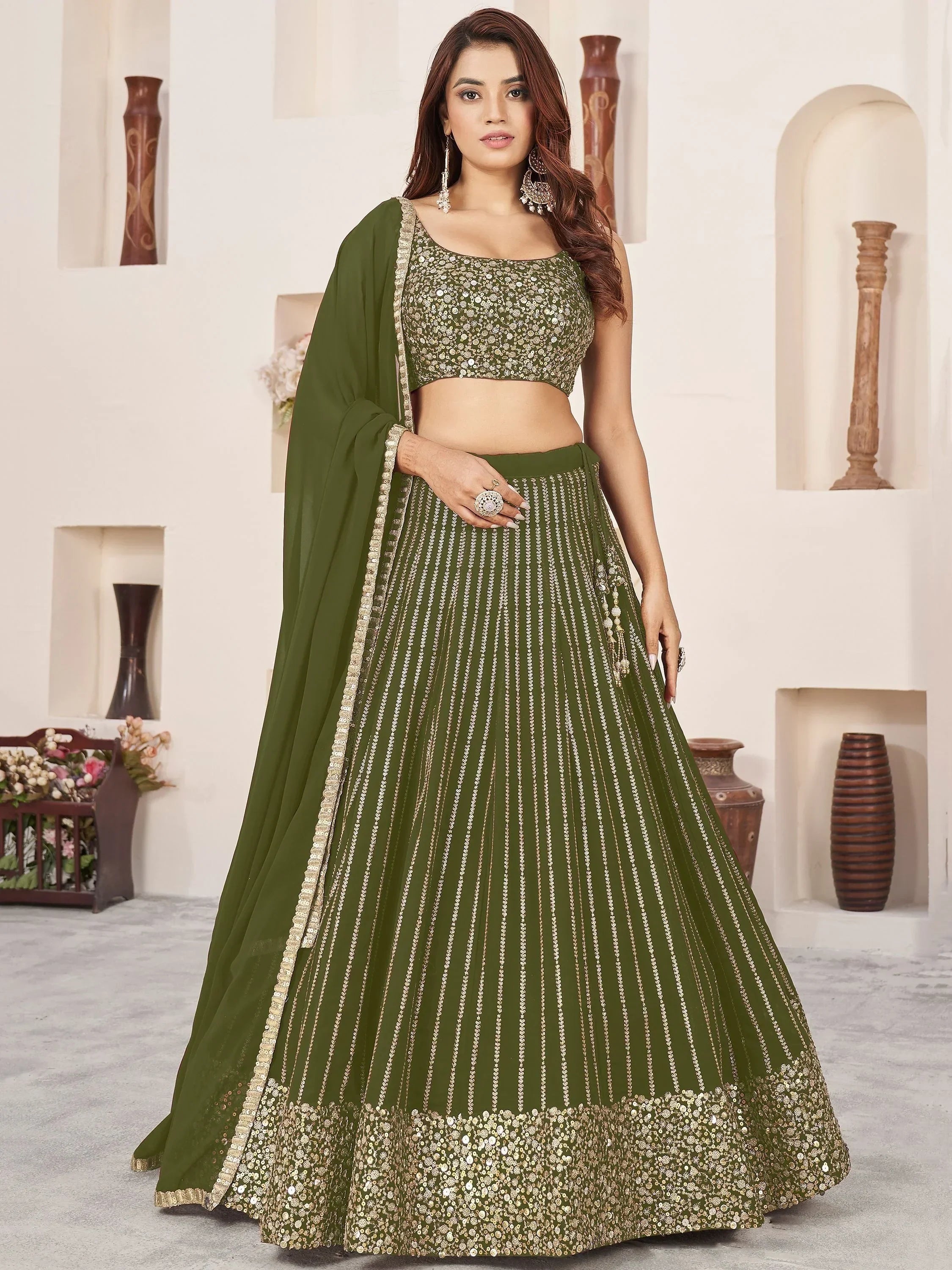 Stunning Olive Color Sequins Georgette Function Wear Lehenga Choli