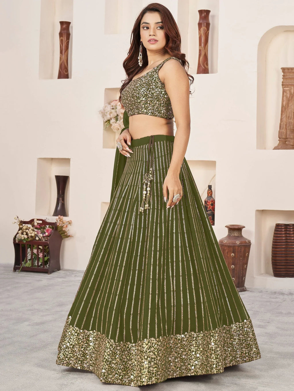 Stunning Olive Color Sequins Georgette Function Wear Lehenga Choli
