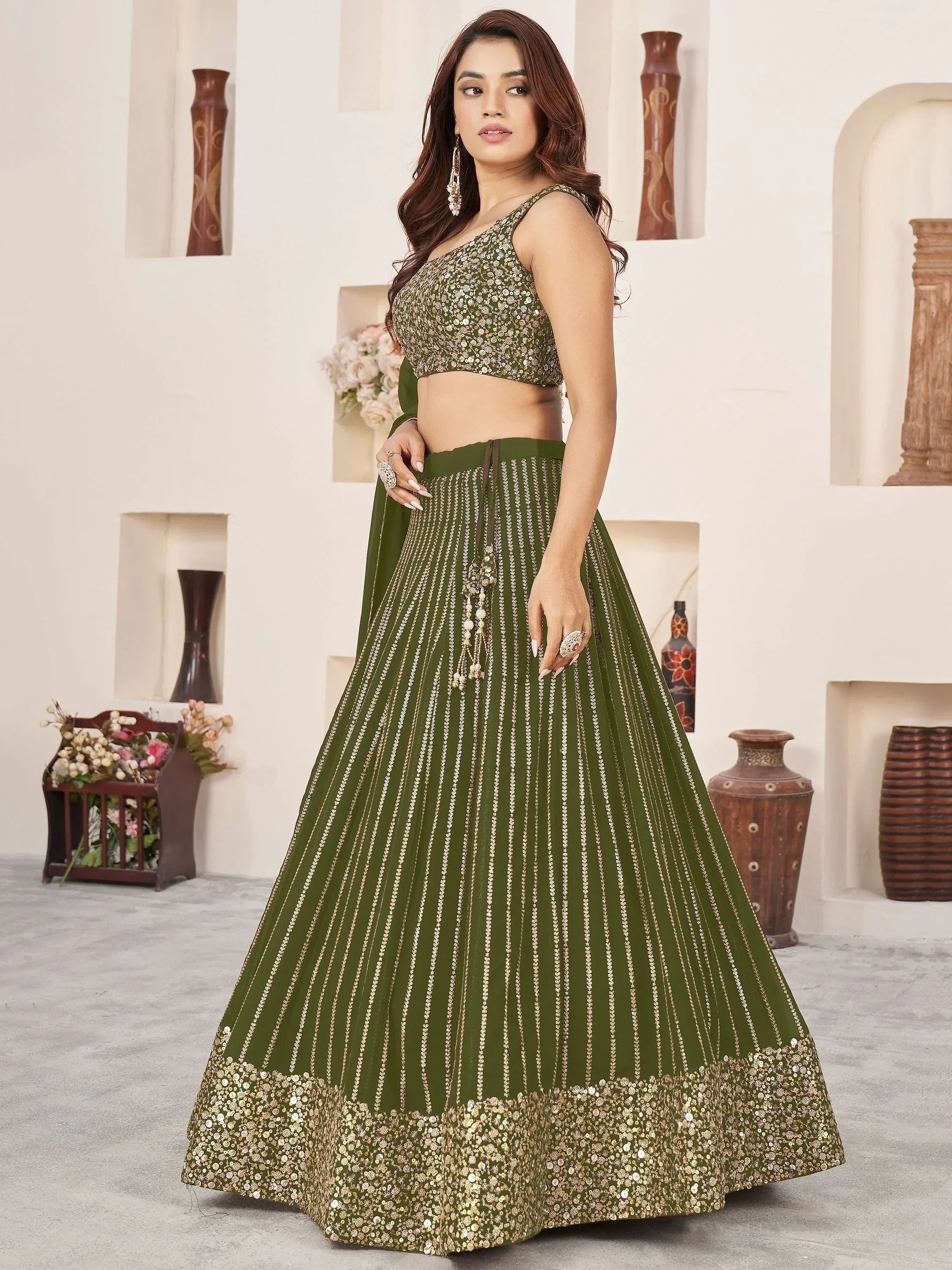Stunning Olive Color Sequins Georgette Function Wear Lehenga Choli