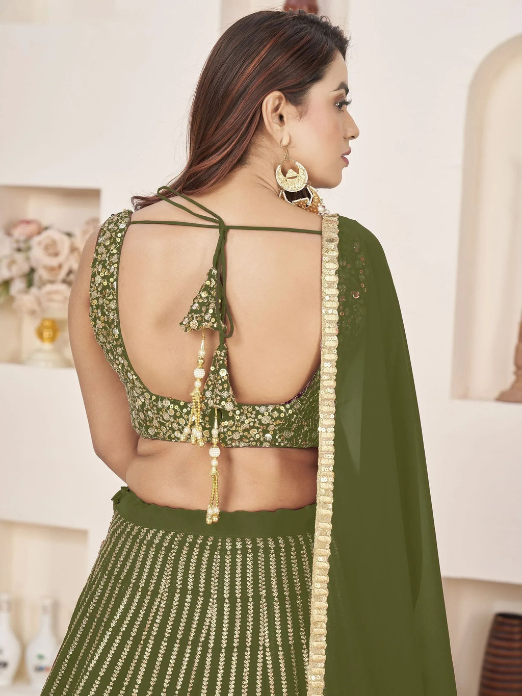 Stunning Olive Color Sequins Georgette Function Wear Lehenga Choli