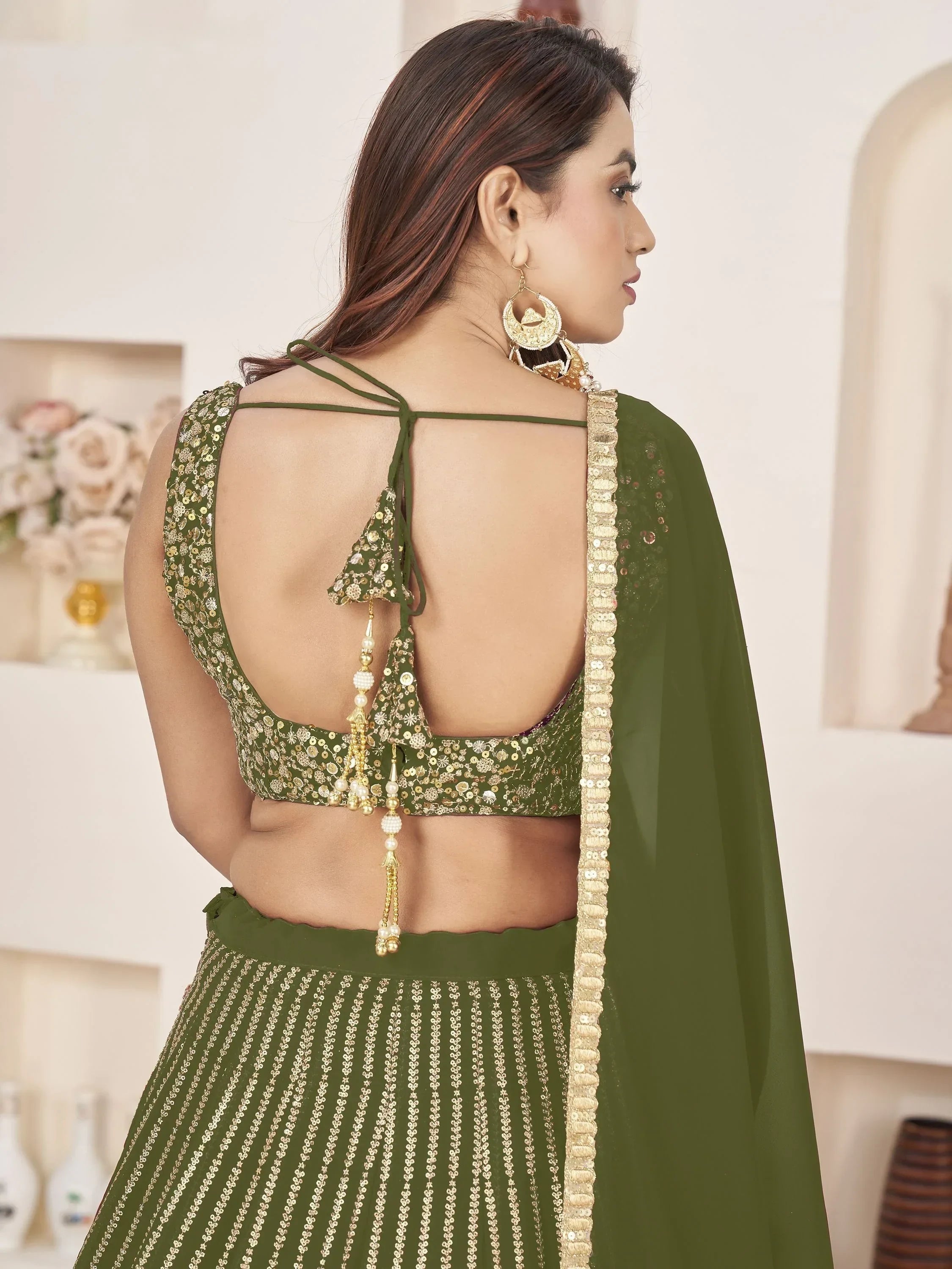 Stunning Olive Color Sequins Georgette Function Wear Lehenga Choli
