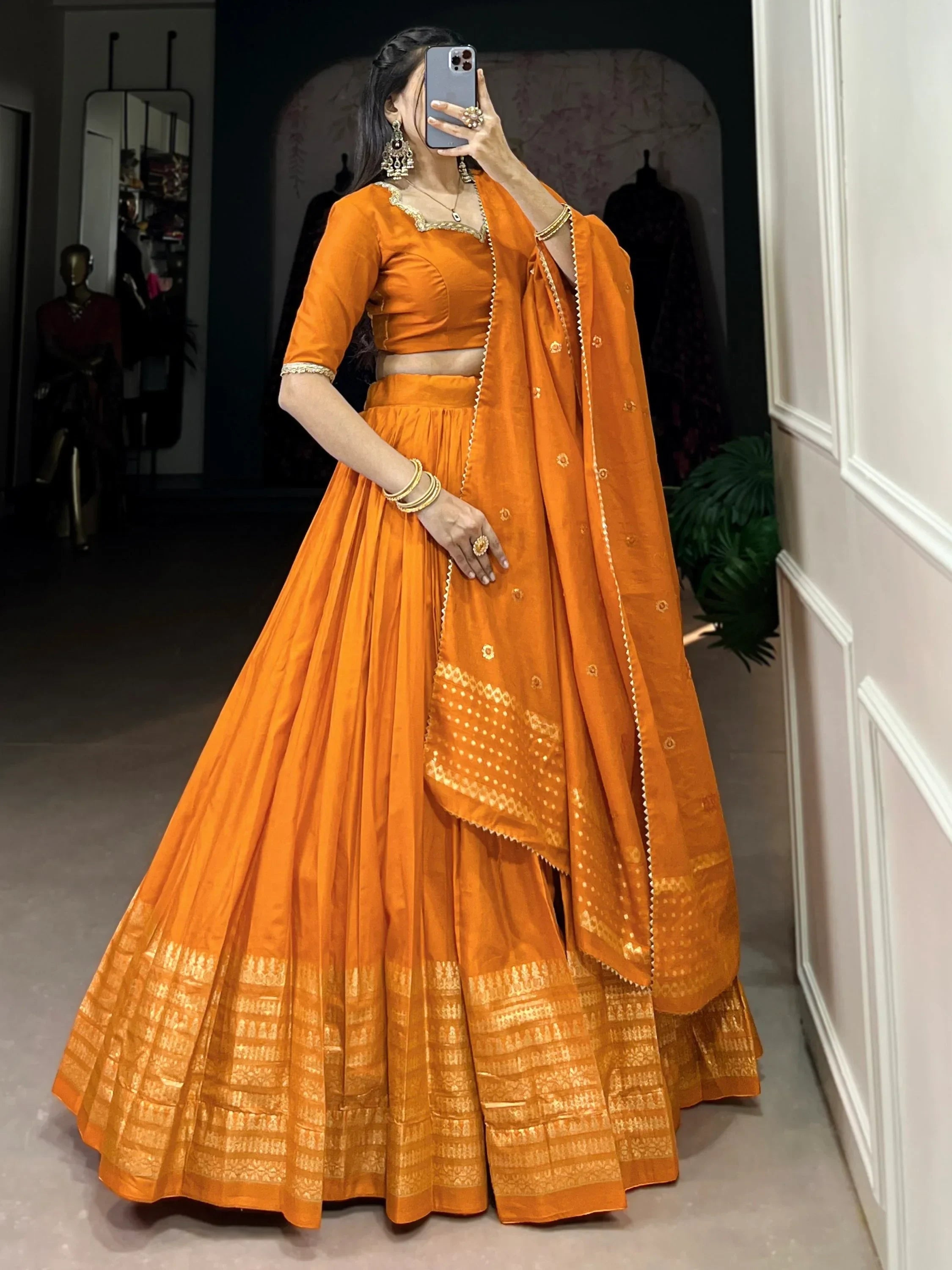 Orange Awesome Zari Weaving Chanderi Silk Festive Wear Lehenga Choli
