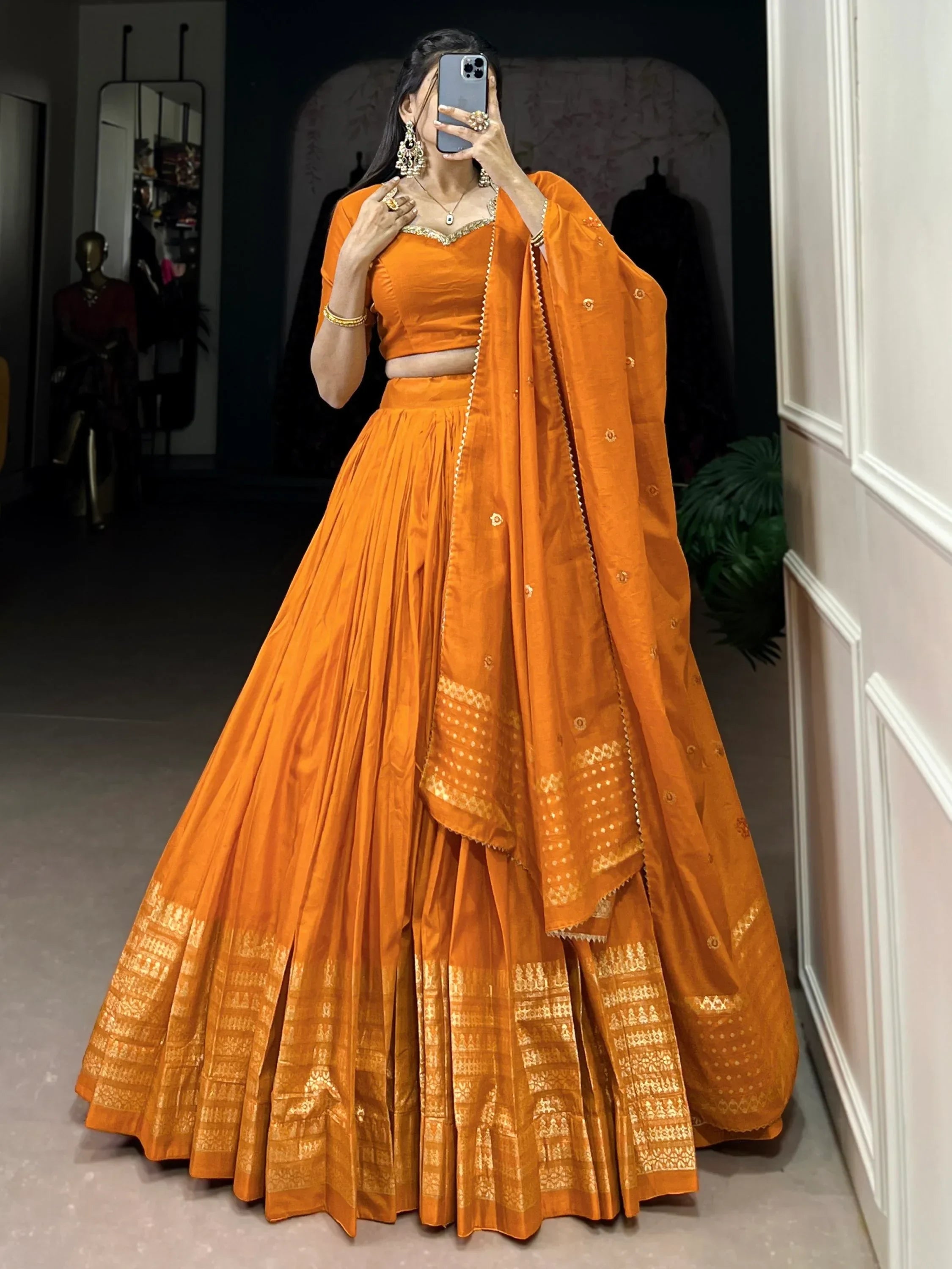 Orange Awesome Zari Weaving Chanderi Silk Festive Wear Lehenga Choli