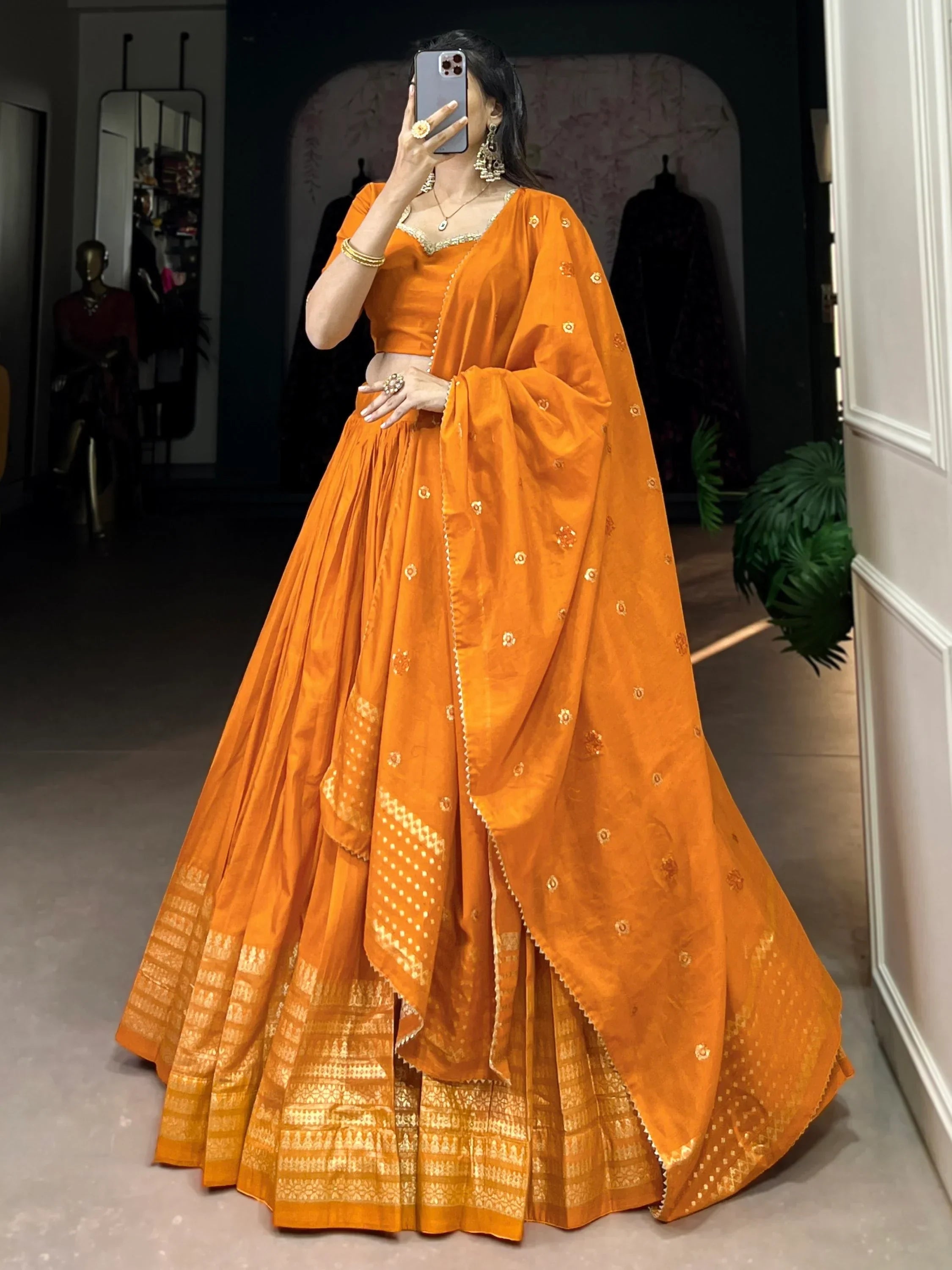 Orange Awesome Zari Weaving Chanderi Silk Festive Wear Lehenga Choli