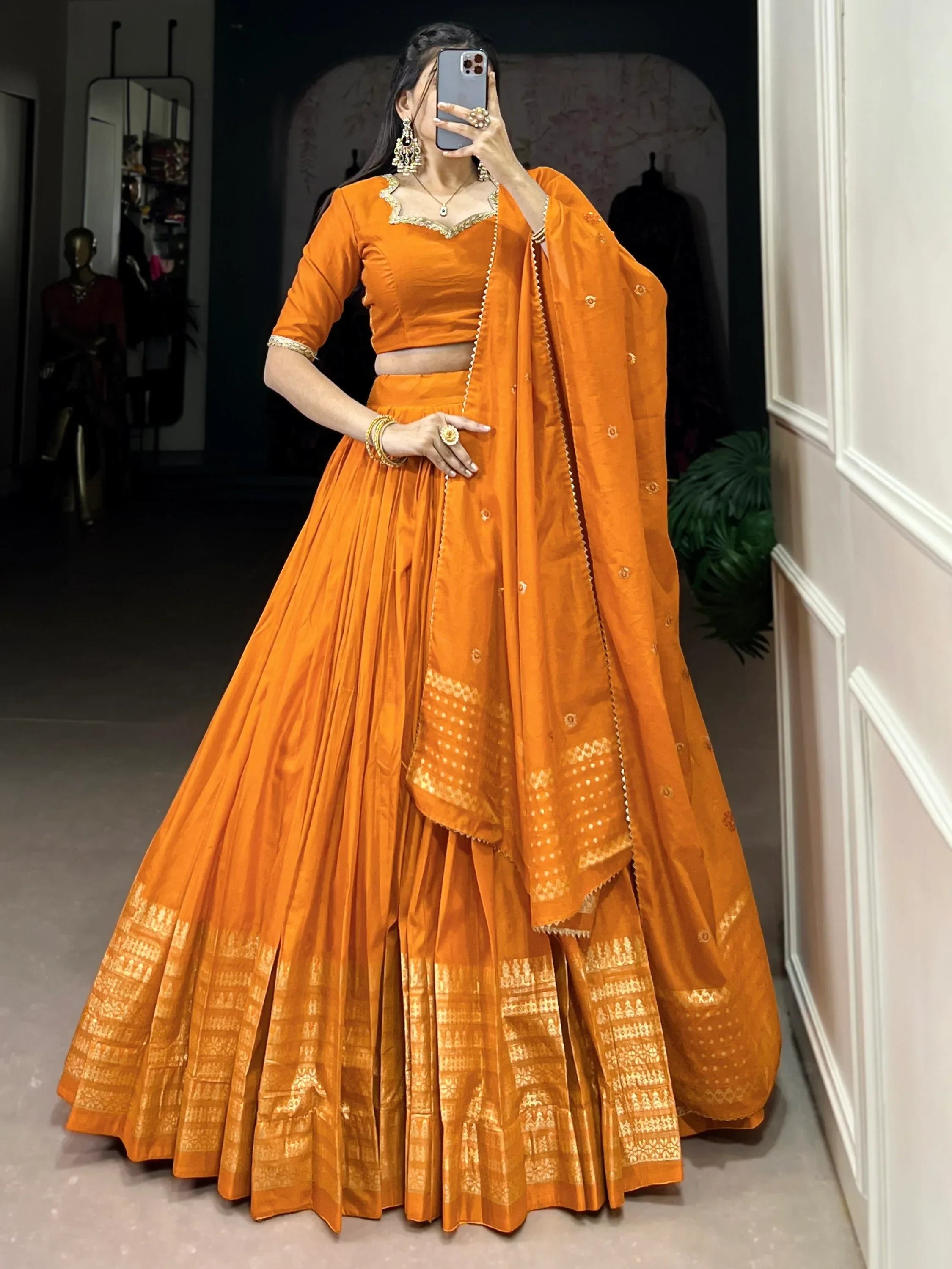 Orange Awesome Zari Weaving Chanderi Silk Festive Wear Lehenga Choli