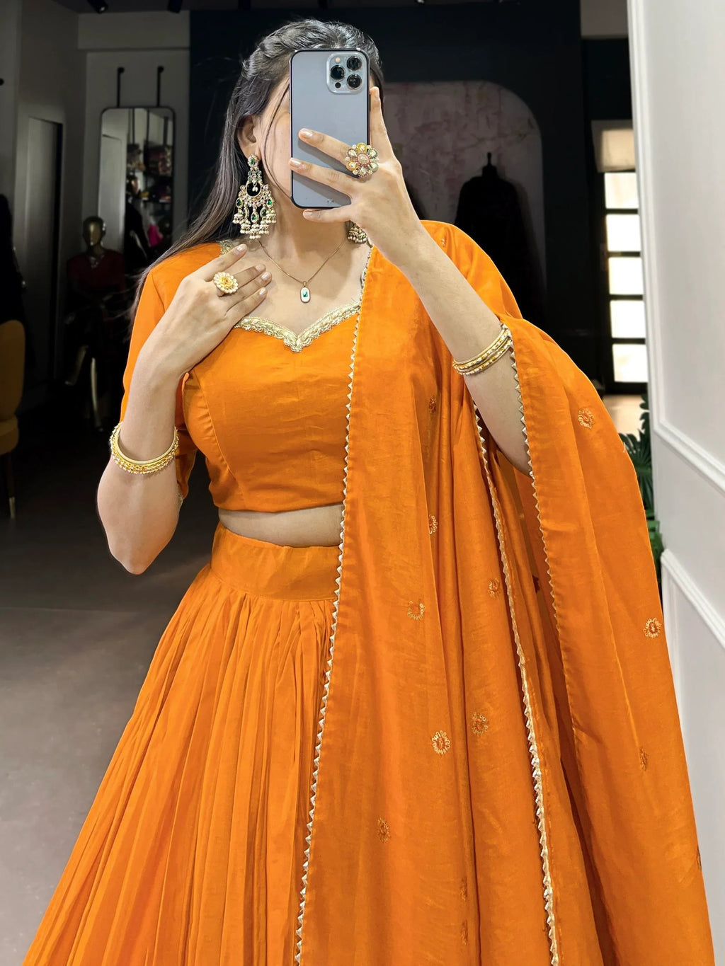 Orange Awesome Zari Weaving Chanderi Silk Festive Wear Lehenga Choli