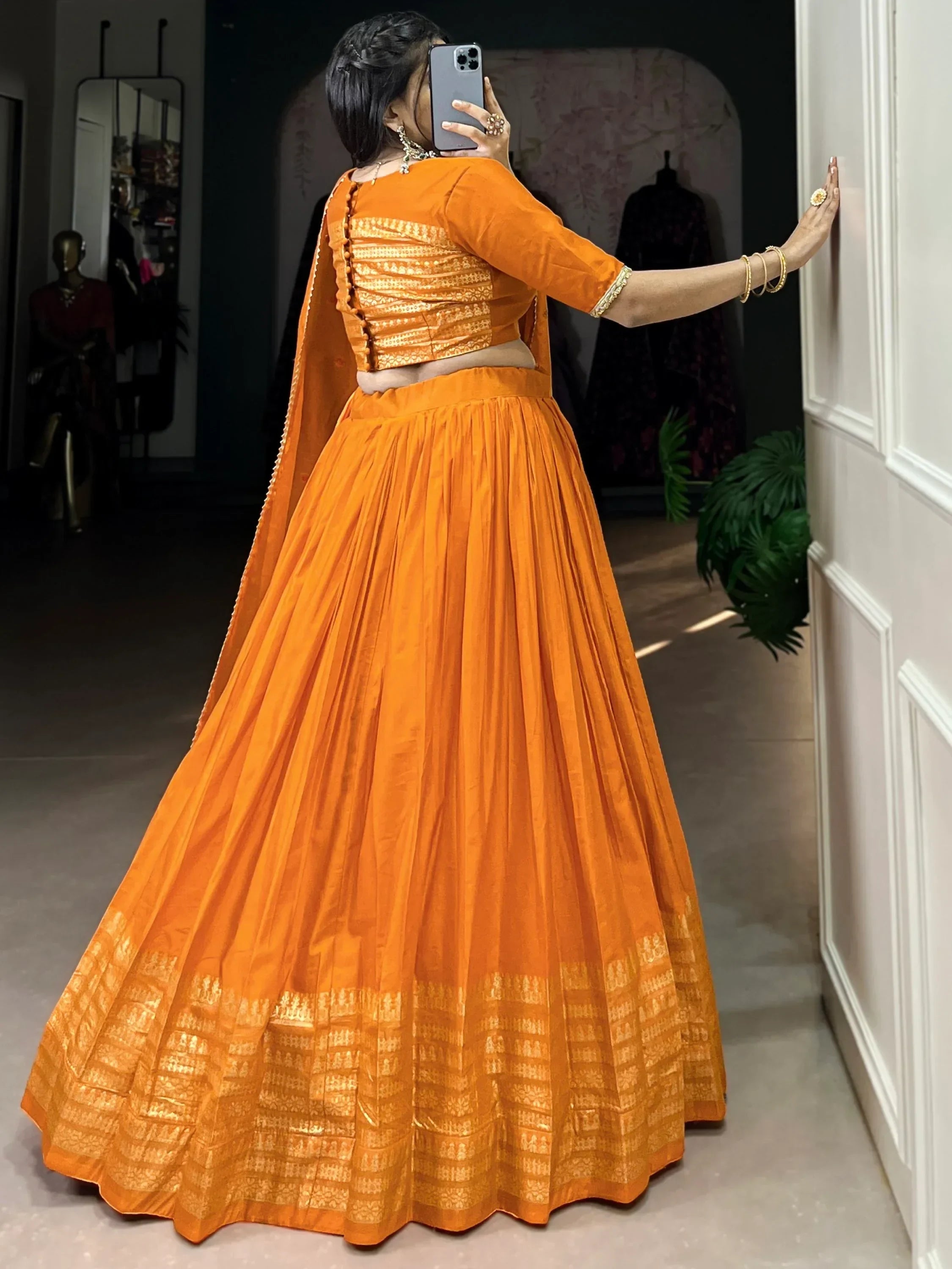 Orange Awesome Zari Weaving Chanderi Silk Festive Wear Lehenga Choli