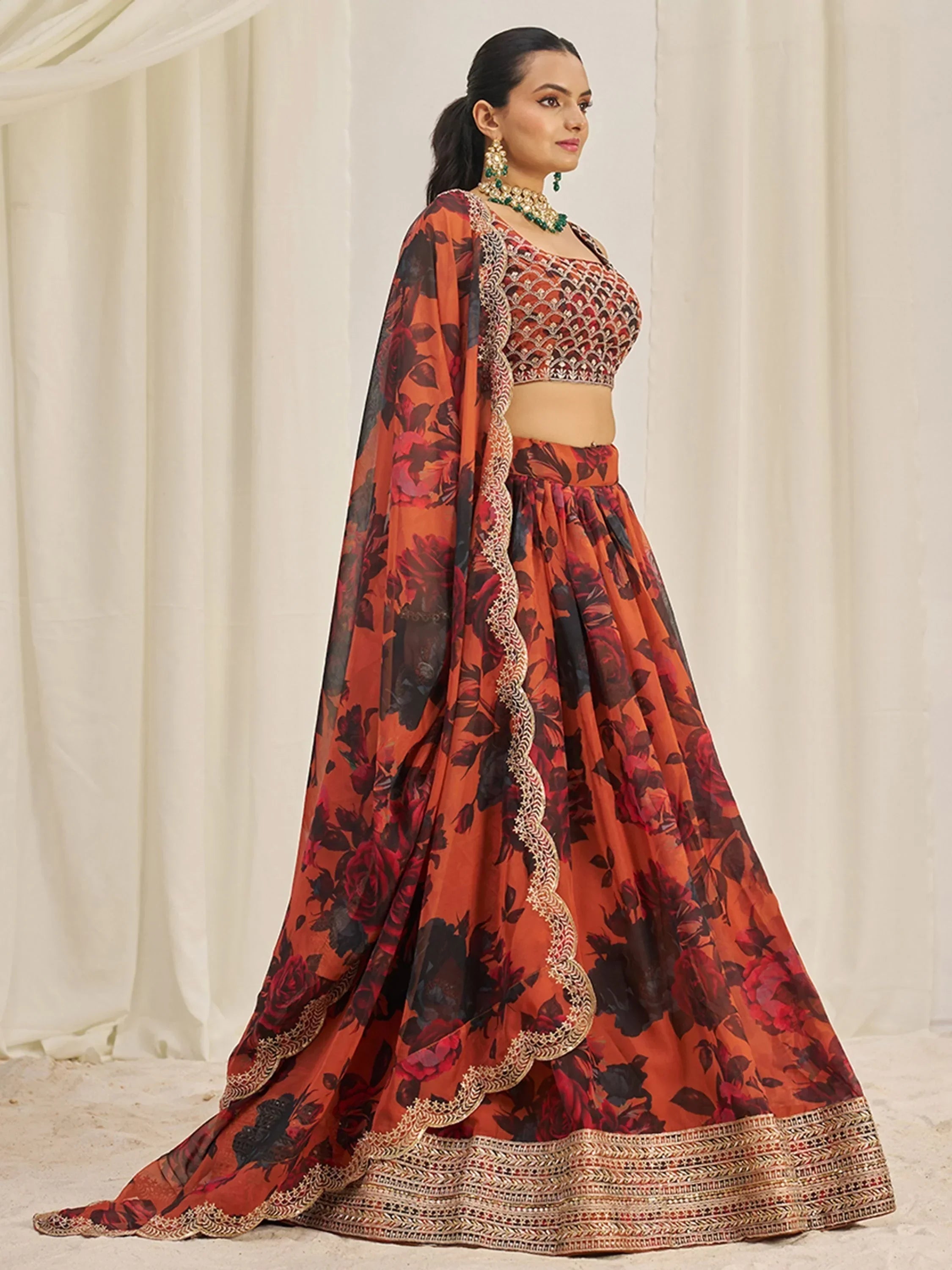 Stunning Orange Sequins Organza Party Wear Lehenga Choli With Dupatta