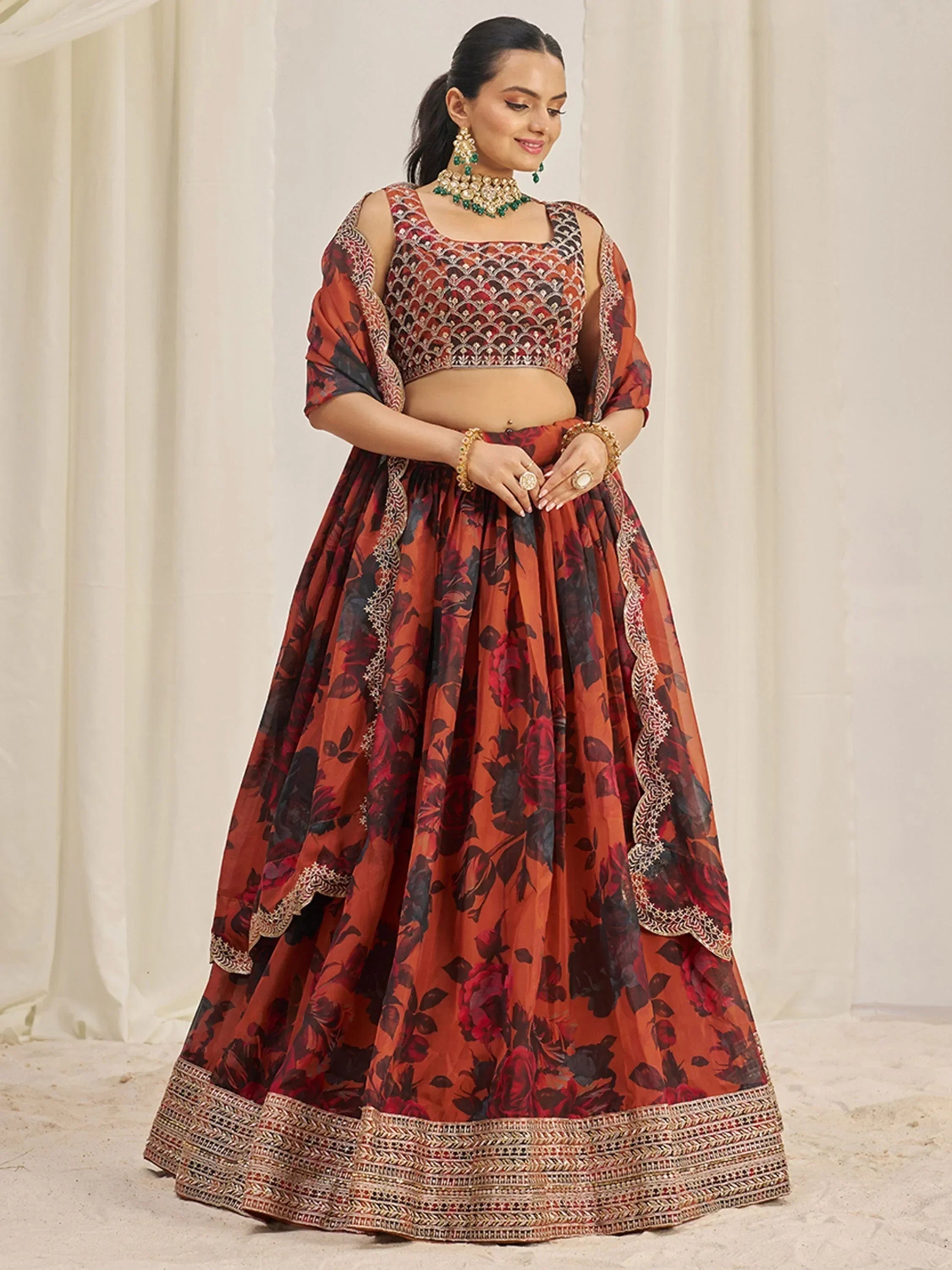 Stunning Orange Sequins Organza Party Wear Lehenga Choli With Dupatta