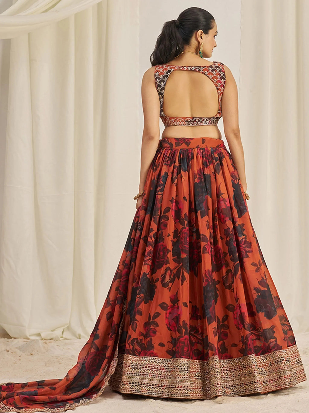 Stunning Orange Sequins Organza Party Wear Lehenga Choli With Dupatta