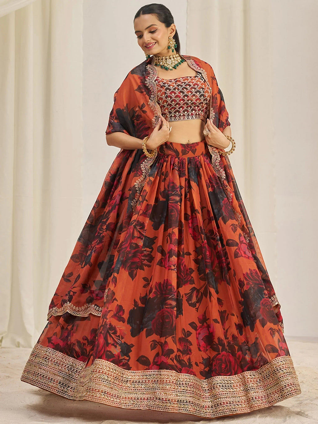 Stunning Orange Sequins Organza Party Wear Lehenga Choli With Dupatta
